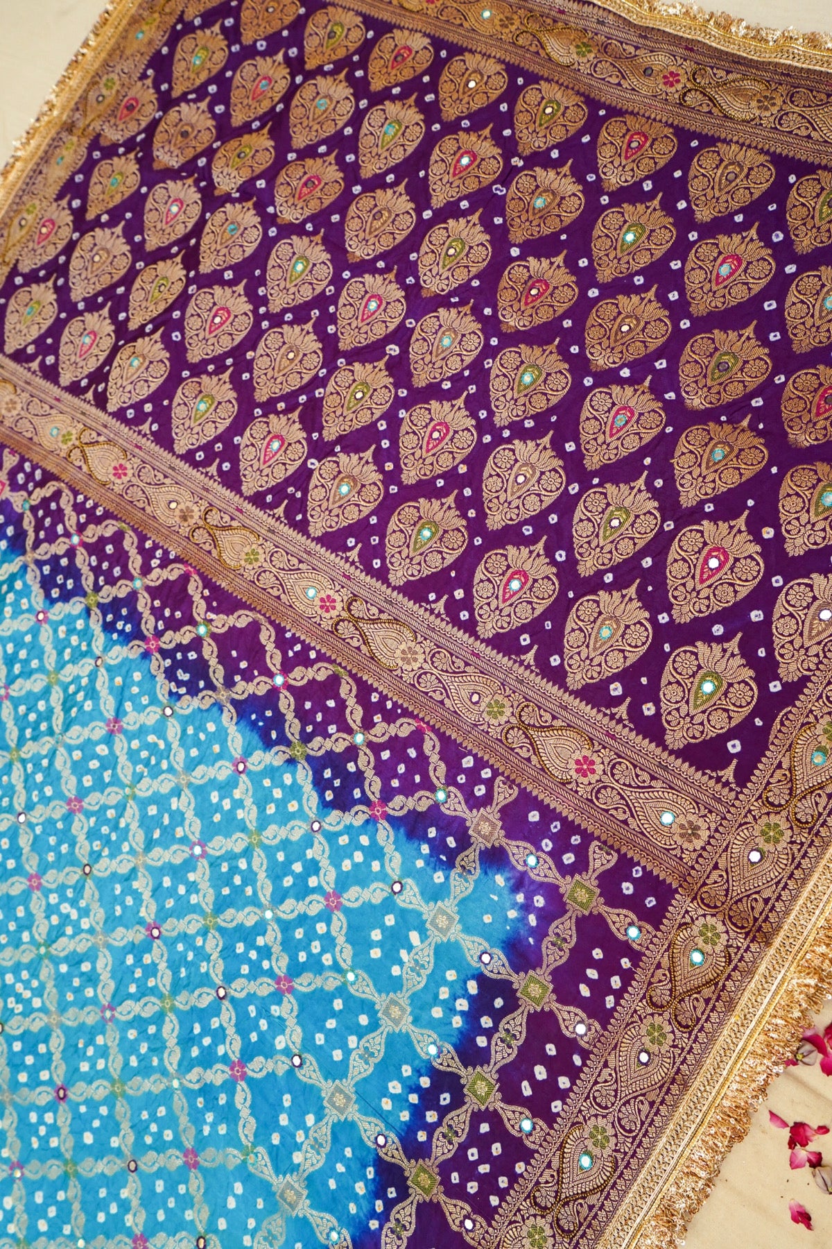 Turquoise Blue - Royal Purple Ombre Bandhani Saree with Mirror Work and Fringe Border