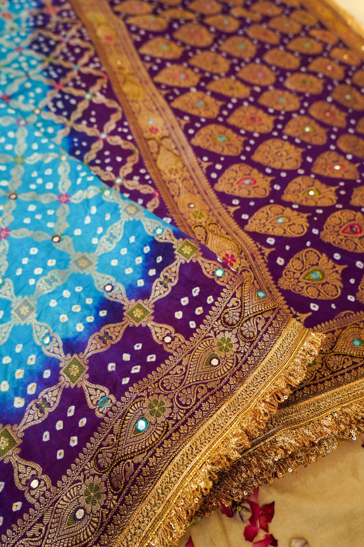 Turquoise Blue - Royal Purple Ombre Bandhani Saree with Mirror Work and Fringe Border