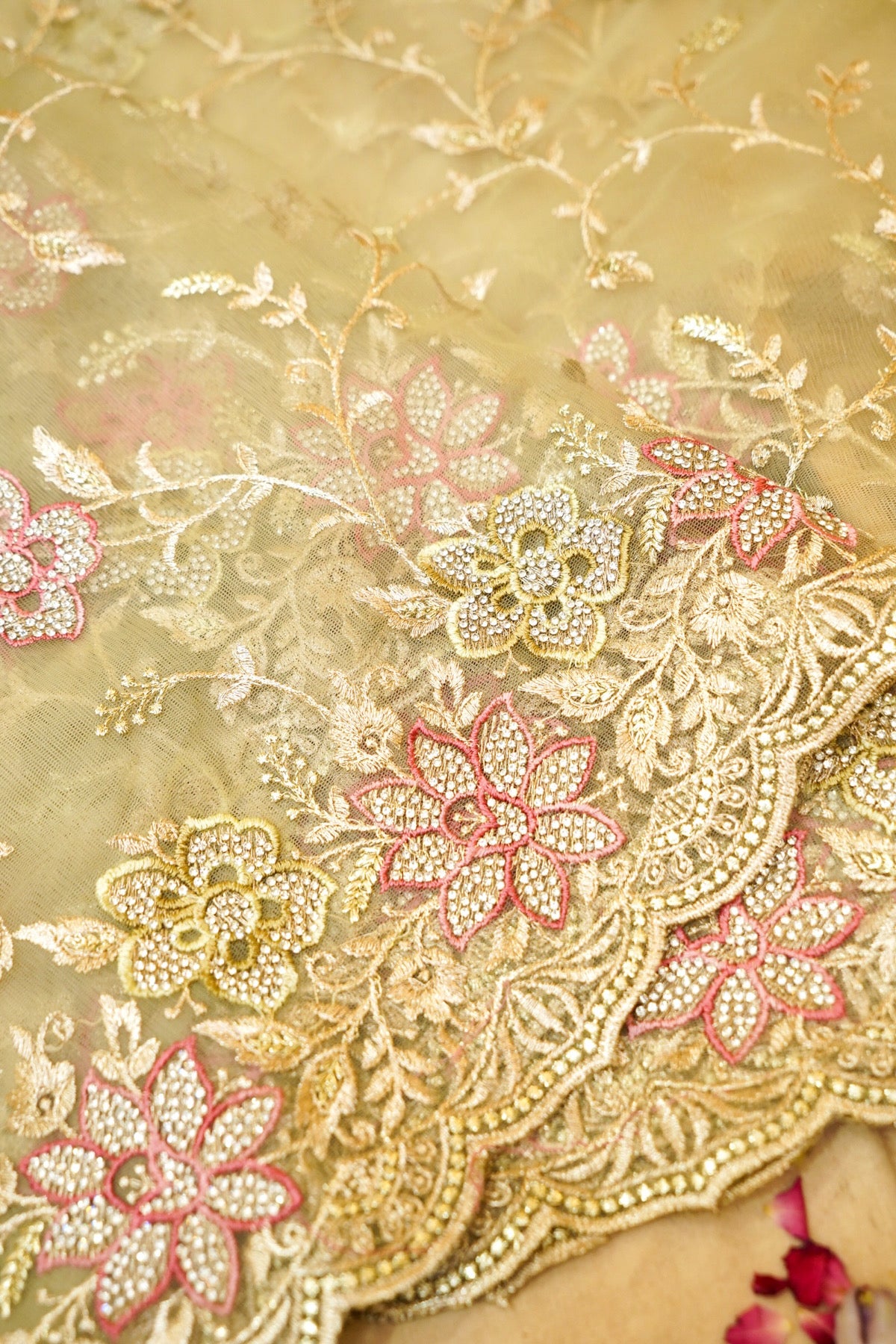 Pistachio Green Pearl Floral Embroidered Designer Net Saree