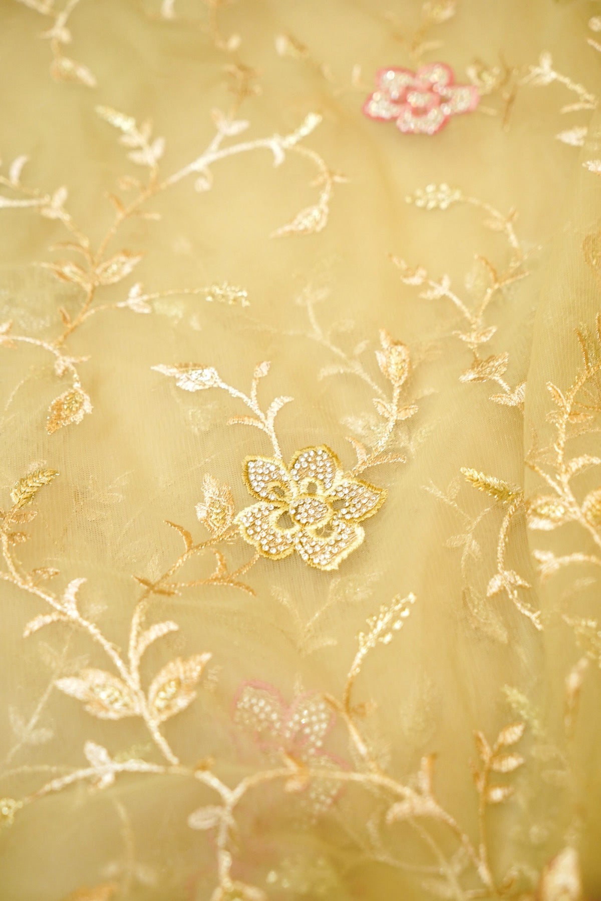 Pistachio Green Pearl Floral Embroidered Designer Net Saree