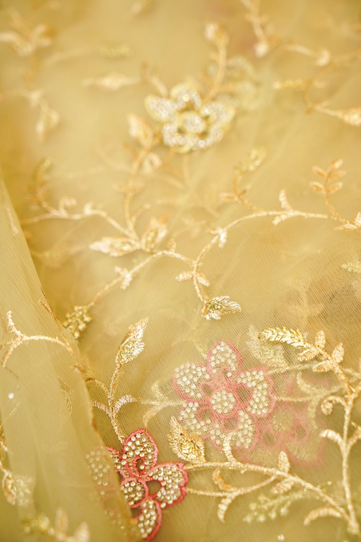 Pistachio Green Pearl Floral Embroidered Designer Net Saree