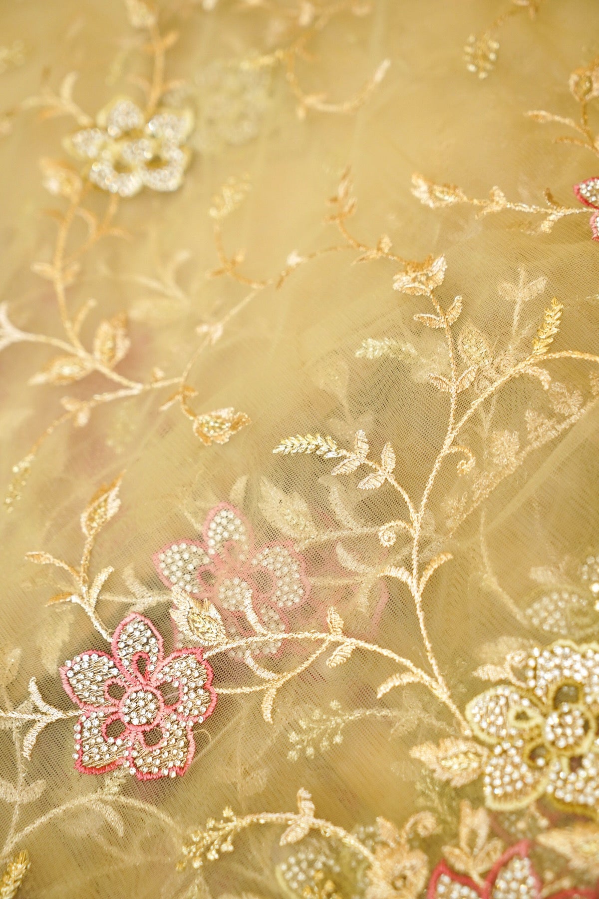 Pistachio Green Pearl Floral Embroidered Designer Net Saree