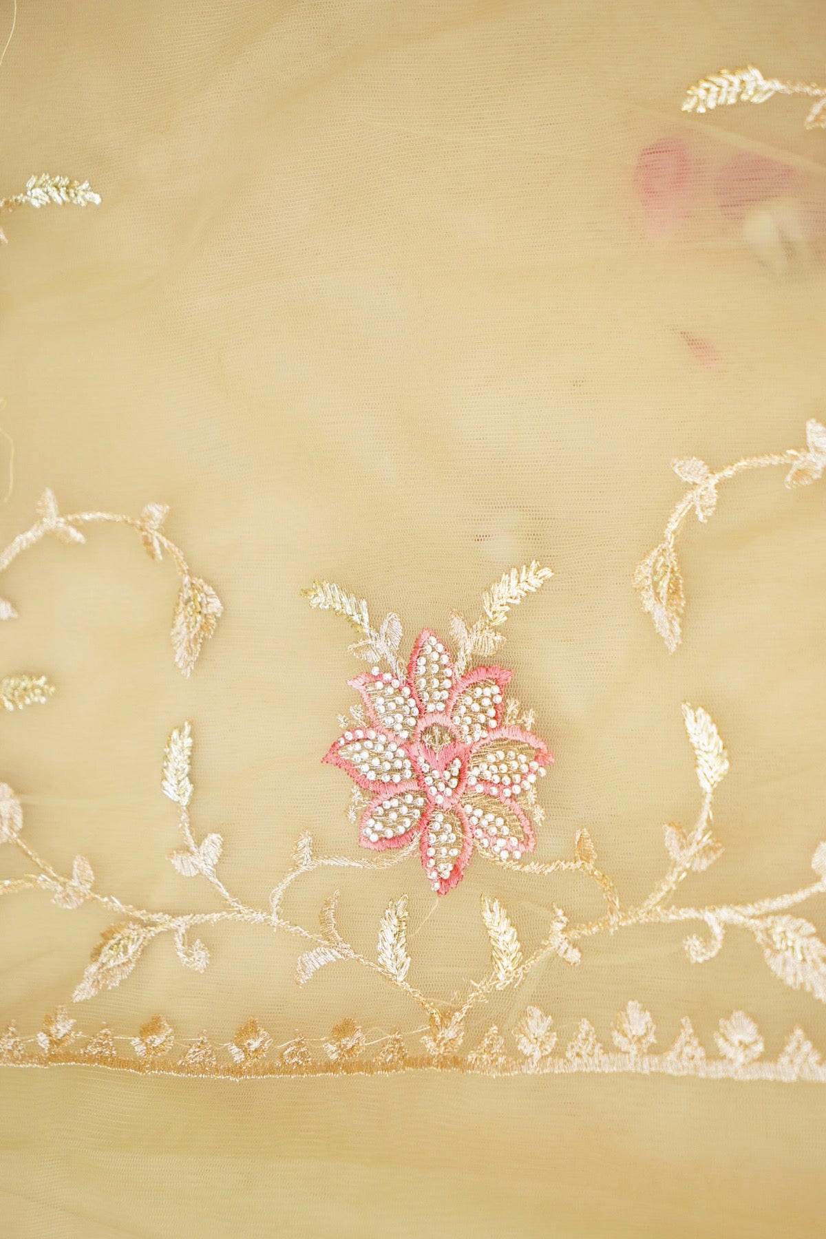 Pistachio Green Pearl Floral Embroidered Designer Net Saree
