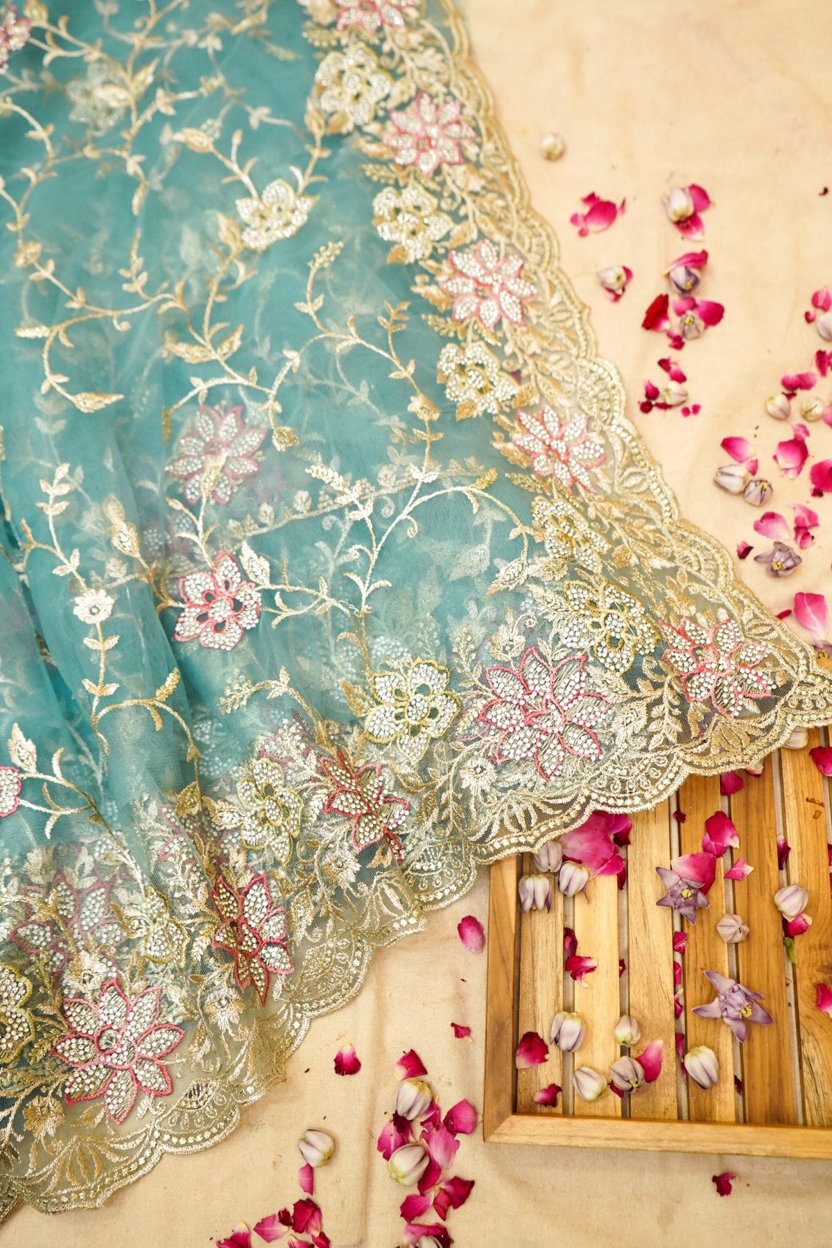 Teal Blue Pearl Floral Embroidered Designer Net Saree
