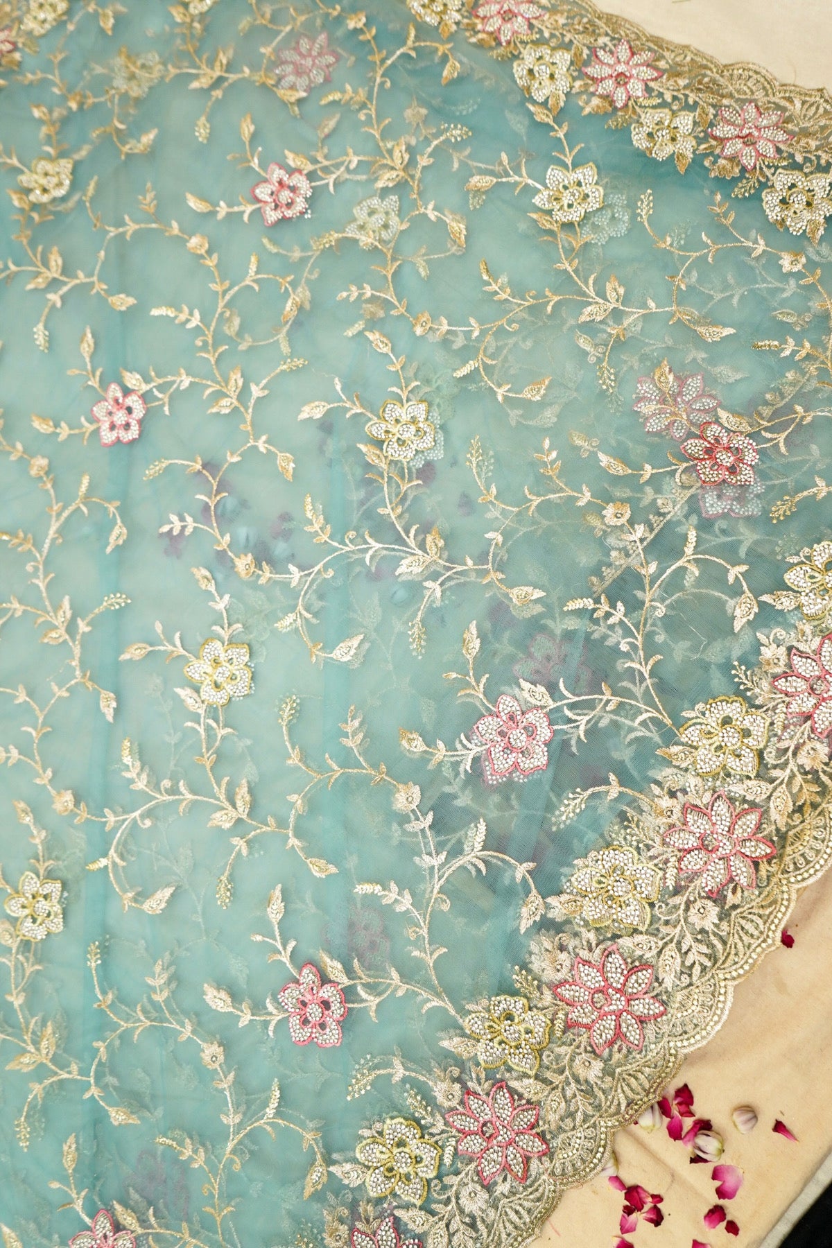 Teal Blue Pearl Floral Embroidered Designer Net Saree