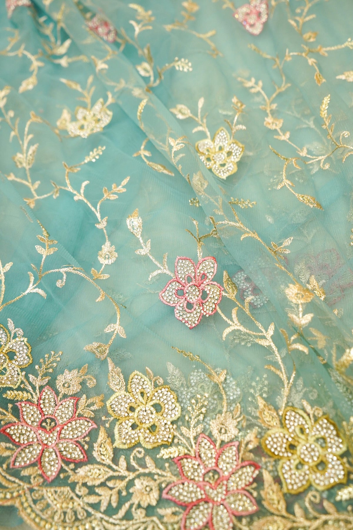 Teal Blue Pearl Floral Embroidered Designer Net Saree