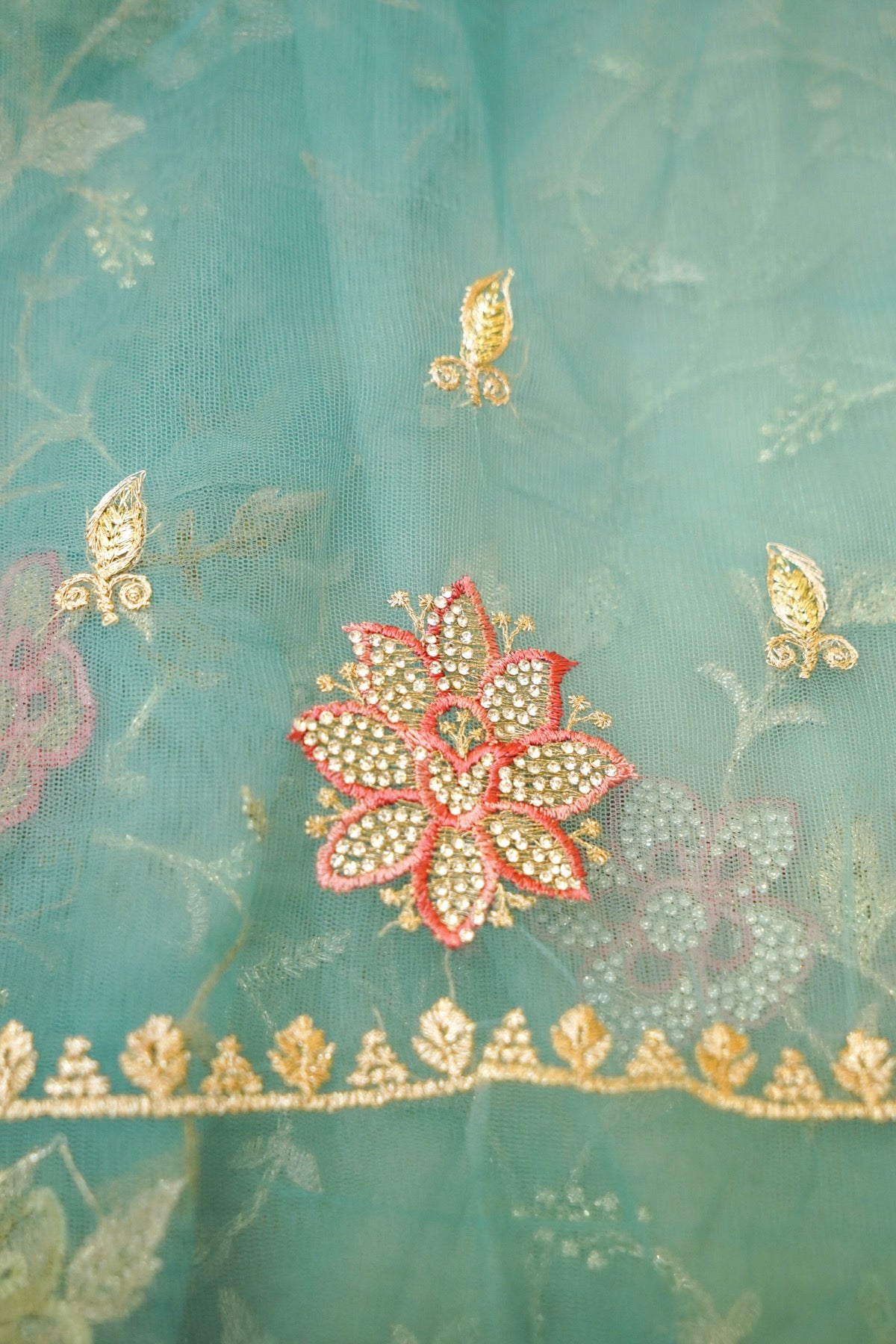 Teal Blue Pearl Floral Embroidered Designer Net Saree