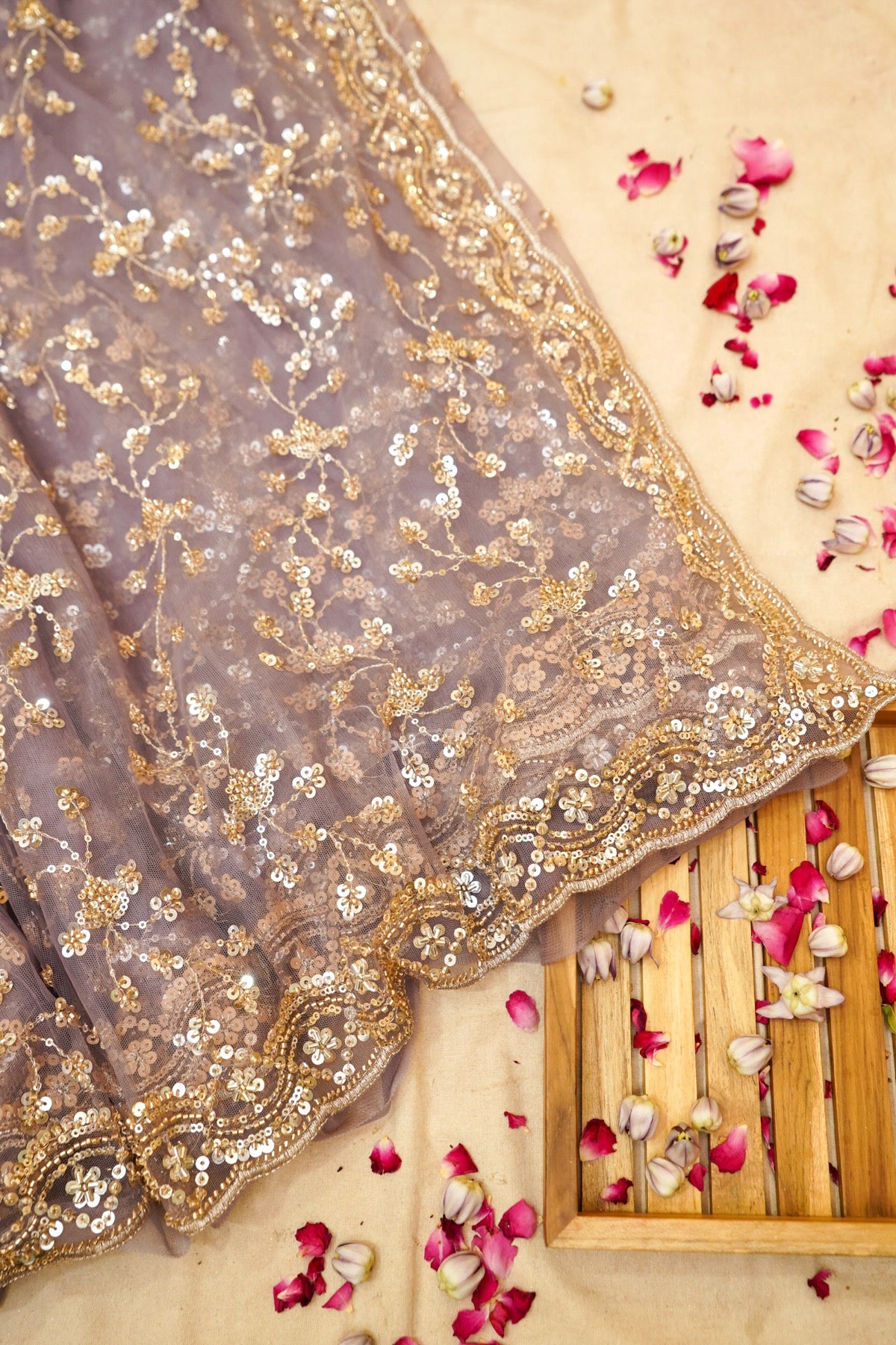 Smoky Taupe Sequined Floral Vine Designer Net Saree