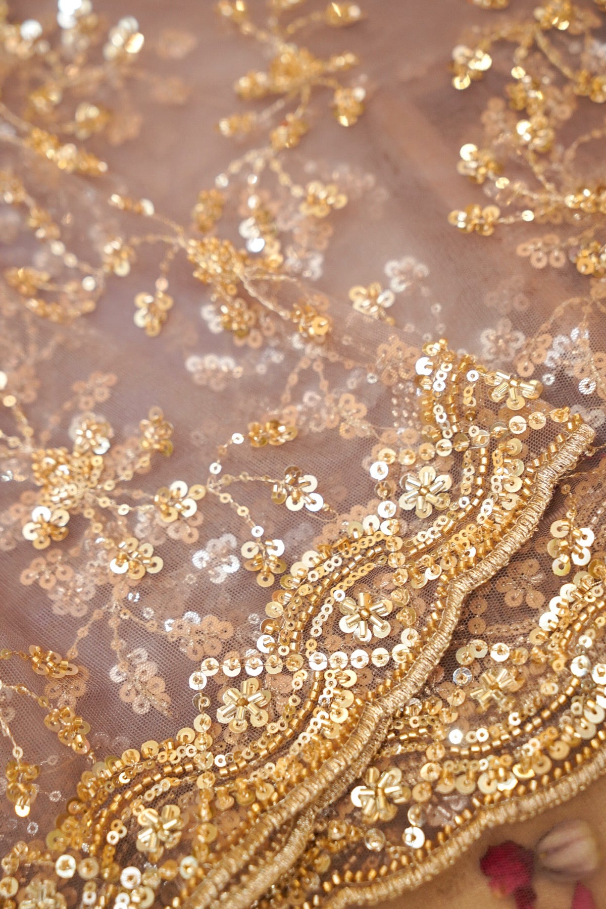 Smoky Taupe Sequined Floral Vine Designer Net Saree