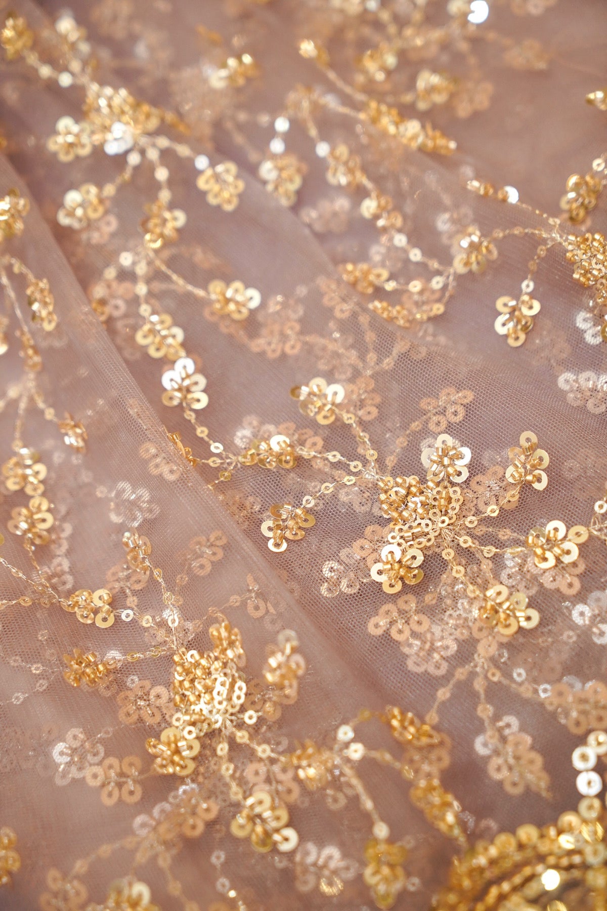 Smoky Taupe Sequined Floral Vine Designer Net Saree