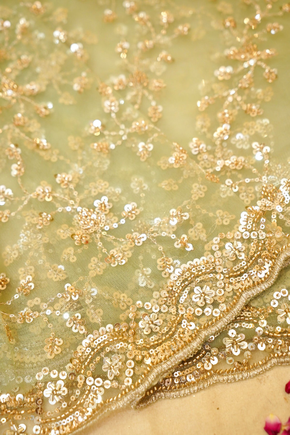 Pistachio Bloom Sequined Floral Vine Designer Net Saree