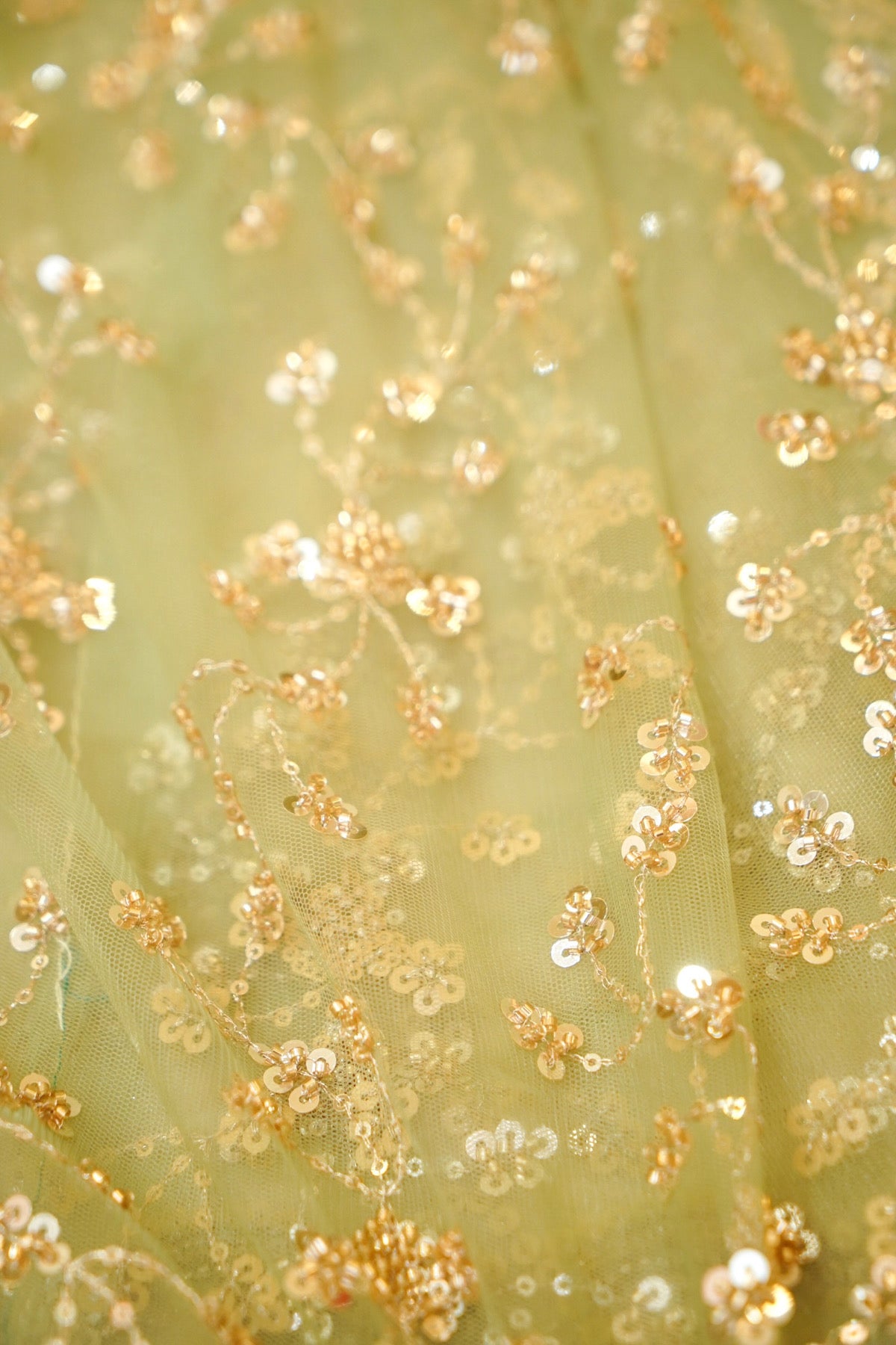 Pistachio Bloom Sequined Floral Vine Designer Net Saree