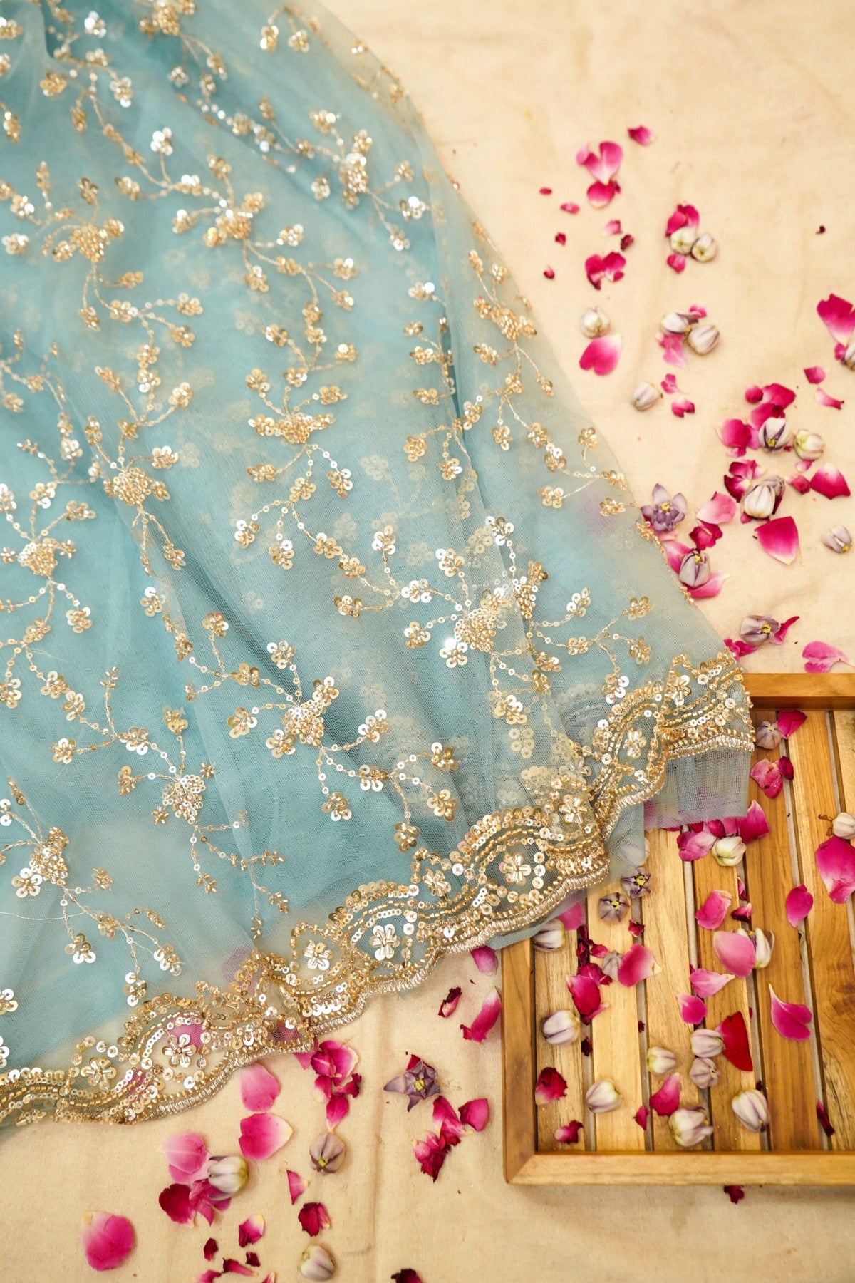 Aqua Mist Sequined Floral Vine Designer Net Saree
