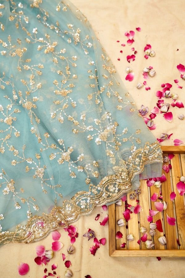 Aqua Mist Sequined Floral Vine Designer Net Saree