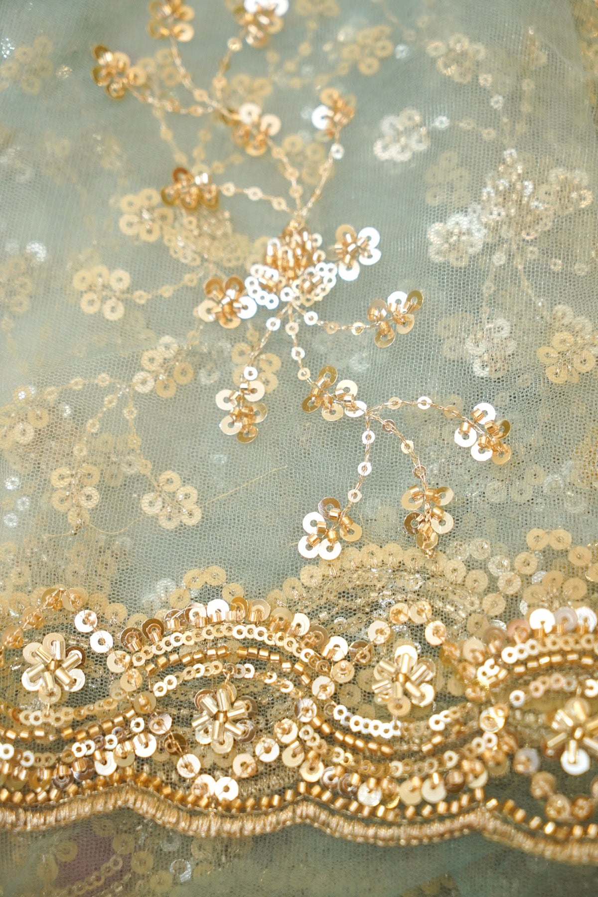 Aqua Mist Sequined Floral Vine Designer Net Saree
