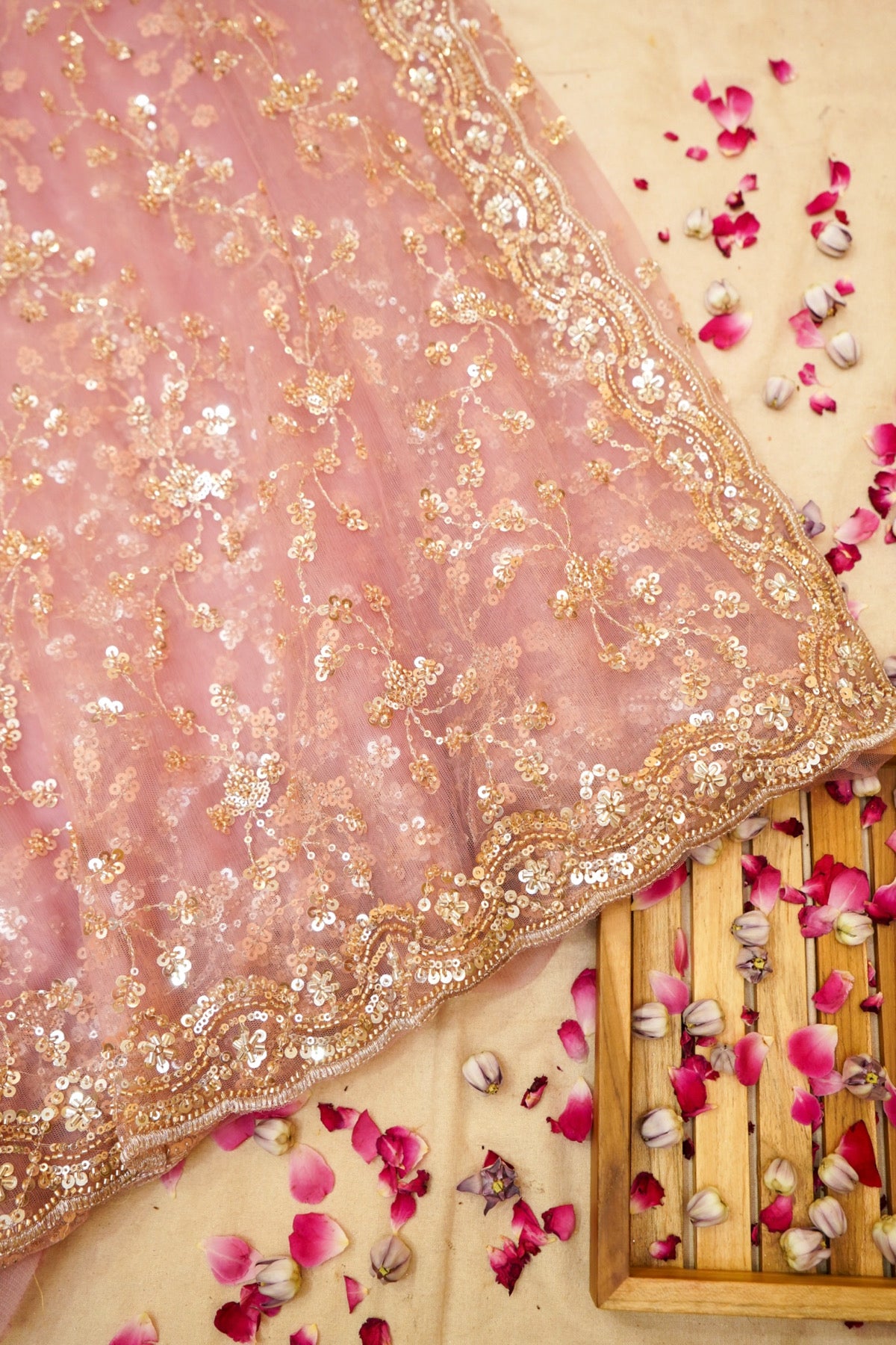 Dusty Rose Sequined Floral Vine Designer Net Saree