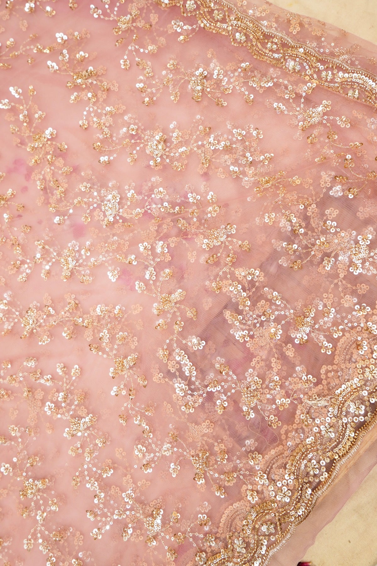 Dusty Rose Sequined Floral Vine Designer Net Saree