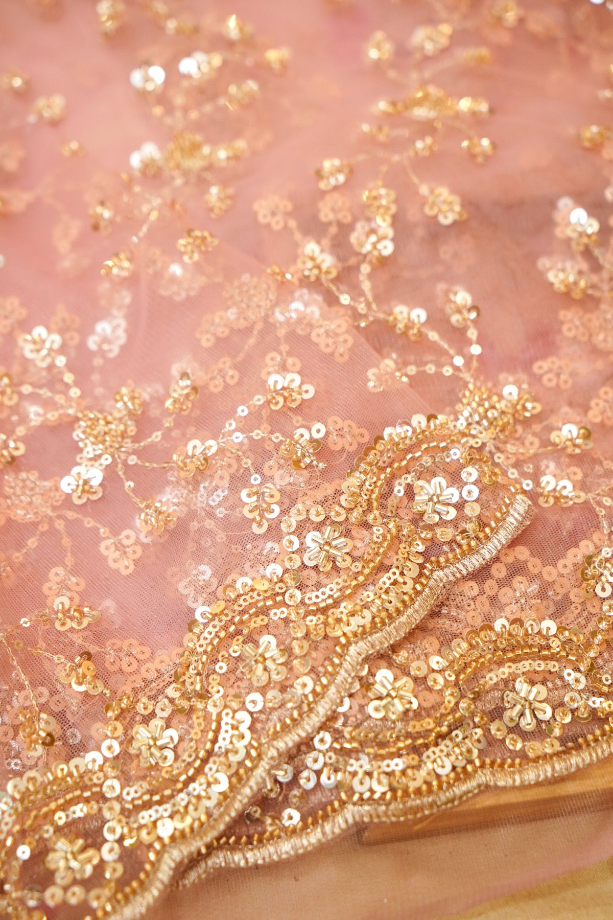 Dusty Rose Sequined Floral Vine Designer Net Saree
