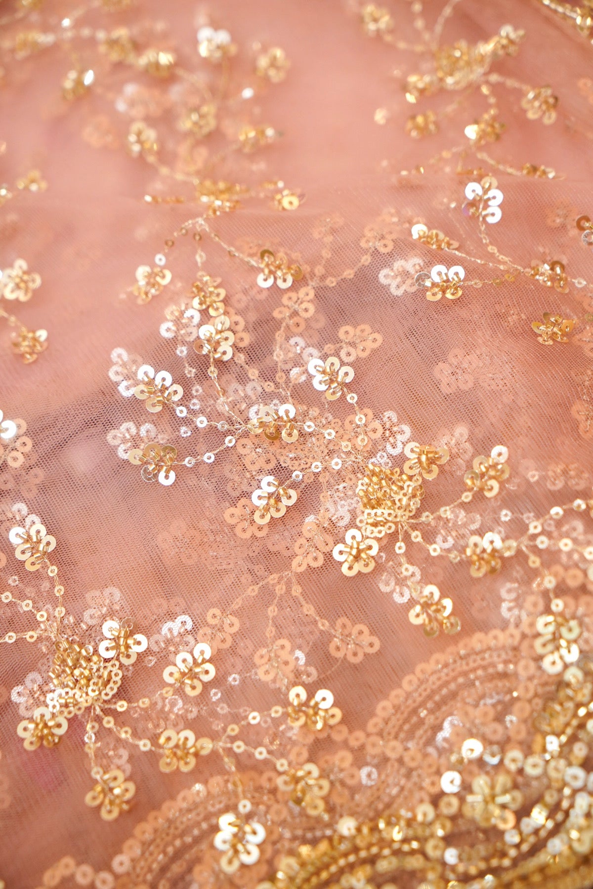 Dusty Rose Sequined Floral Vine Designer Net Saree