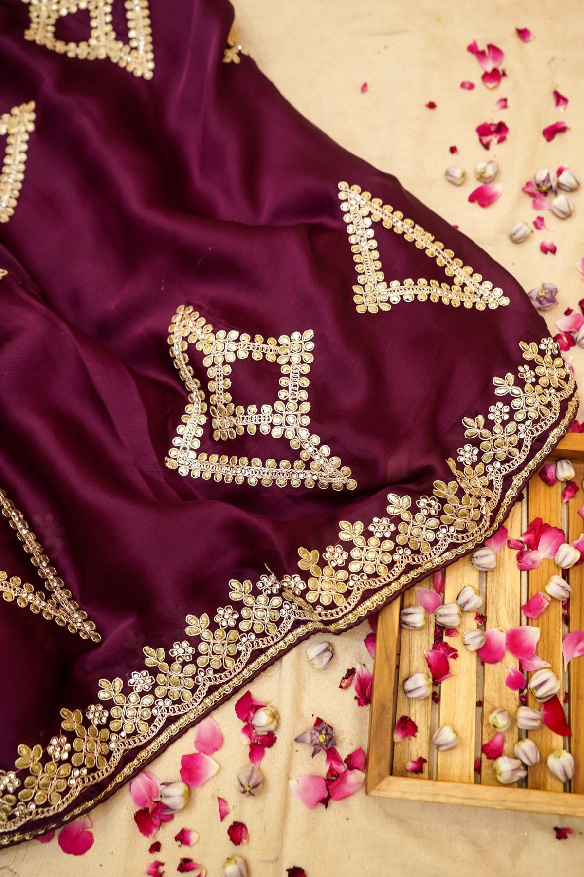 Wine Gold Floral Trellis Embroidered Designer Saree