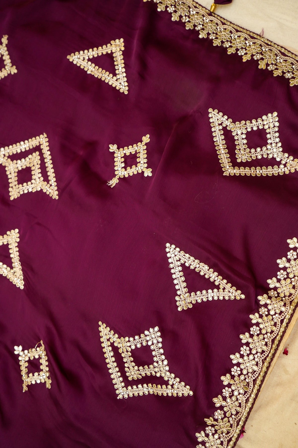 Wine Gold Floral Trellis Embroidered Designer Saree