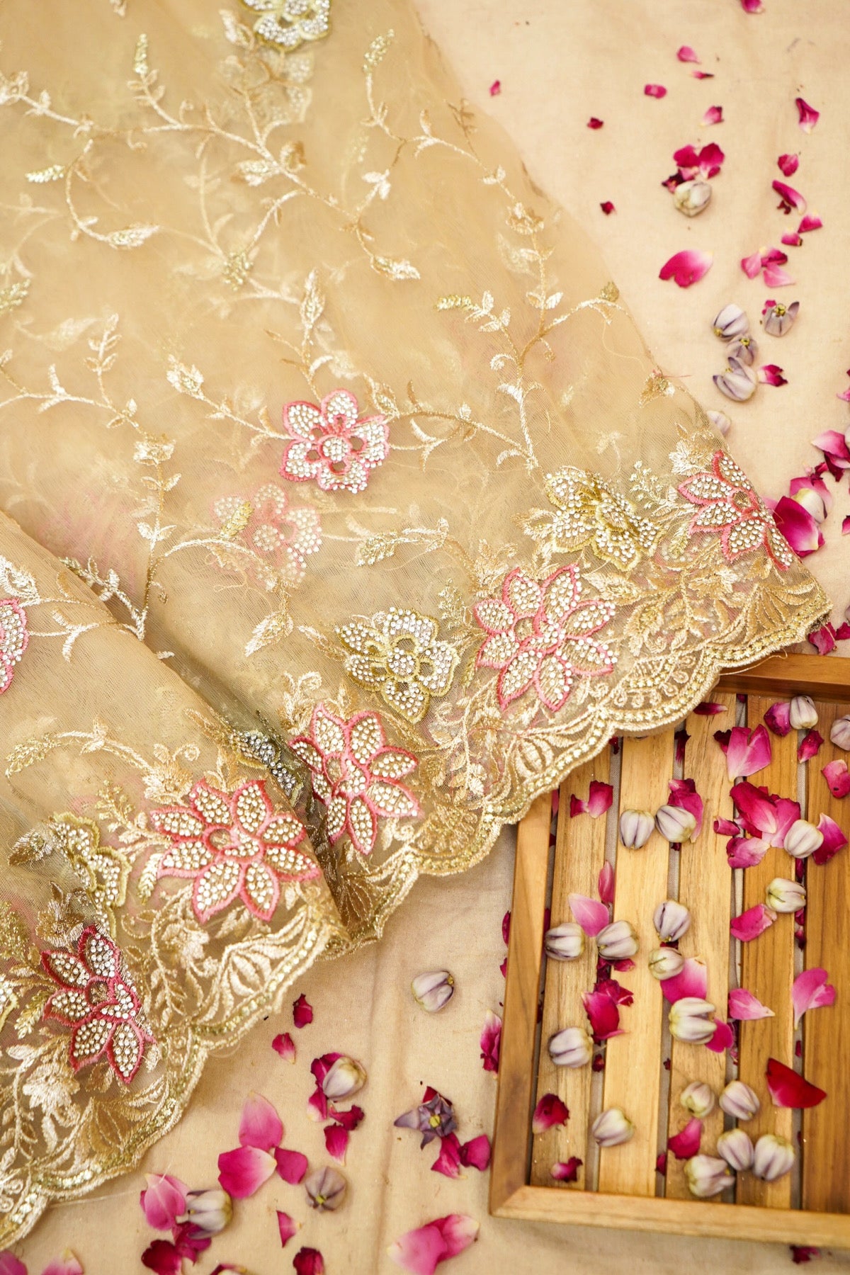 Light Champagne Gold Pearl Floral Embroidered Designer Net Saree