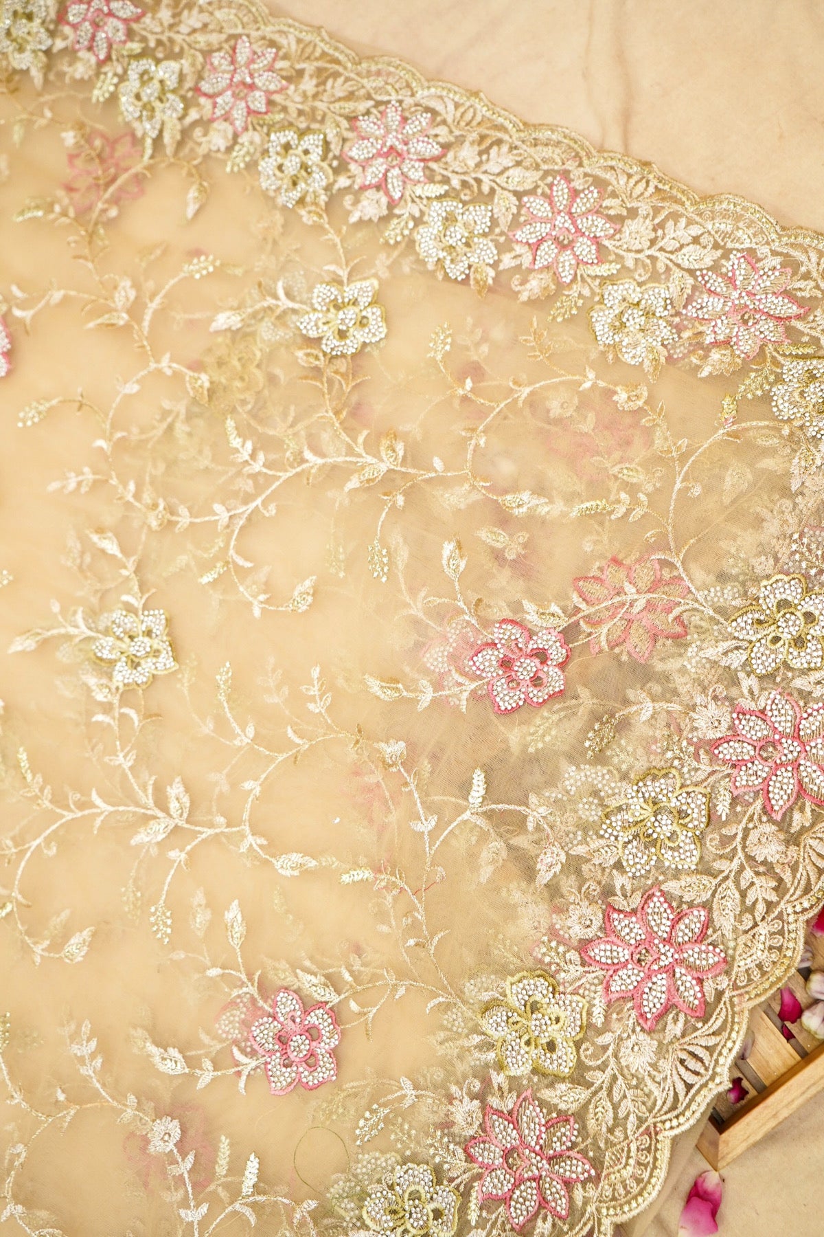 Light Champagne Gold Pearl Floral Embroidered Designer Net Saree