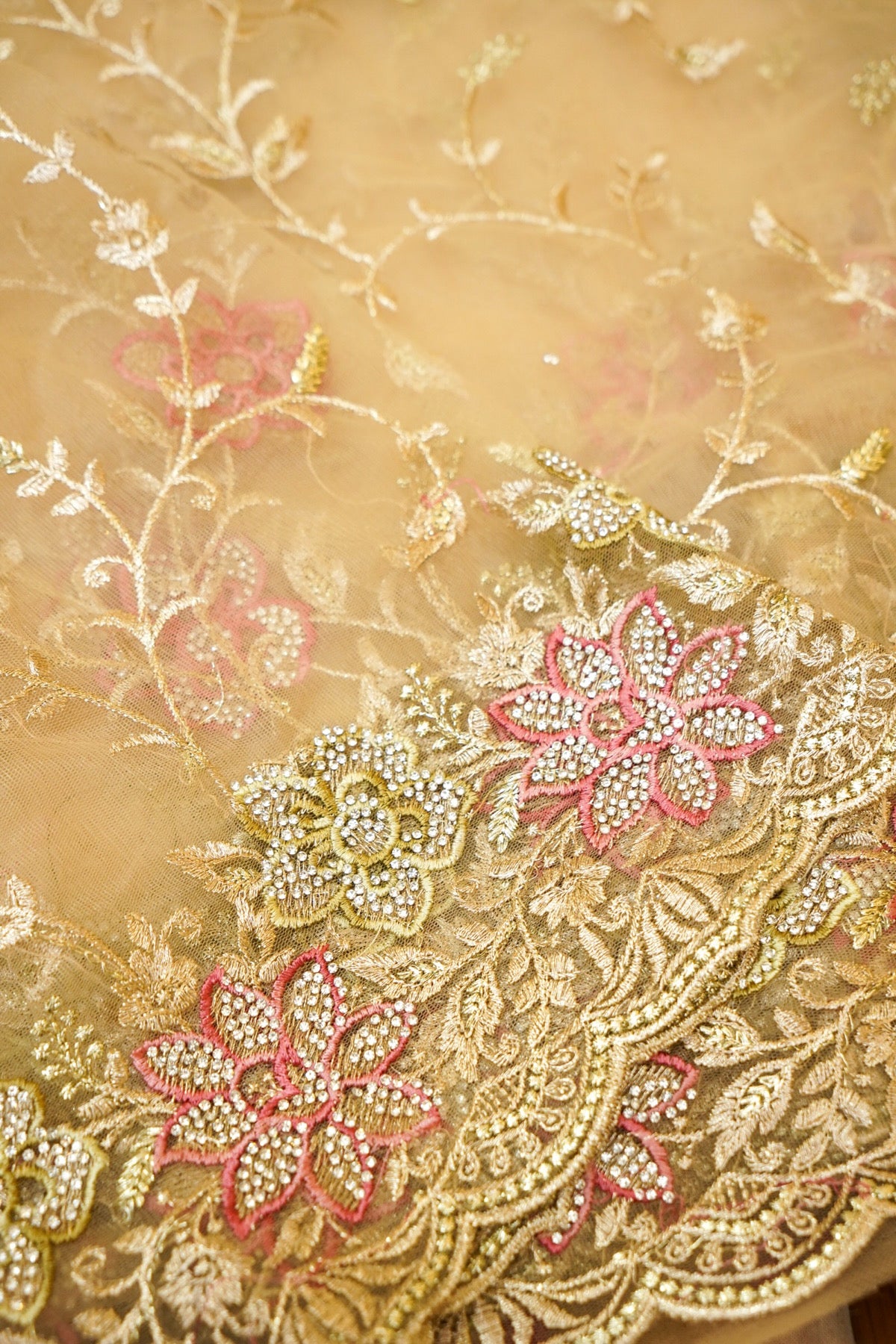 Light Champagne Gold Pearl Floral Embroidered Designer Net Saree