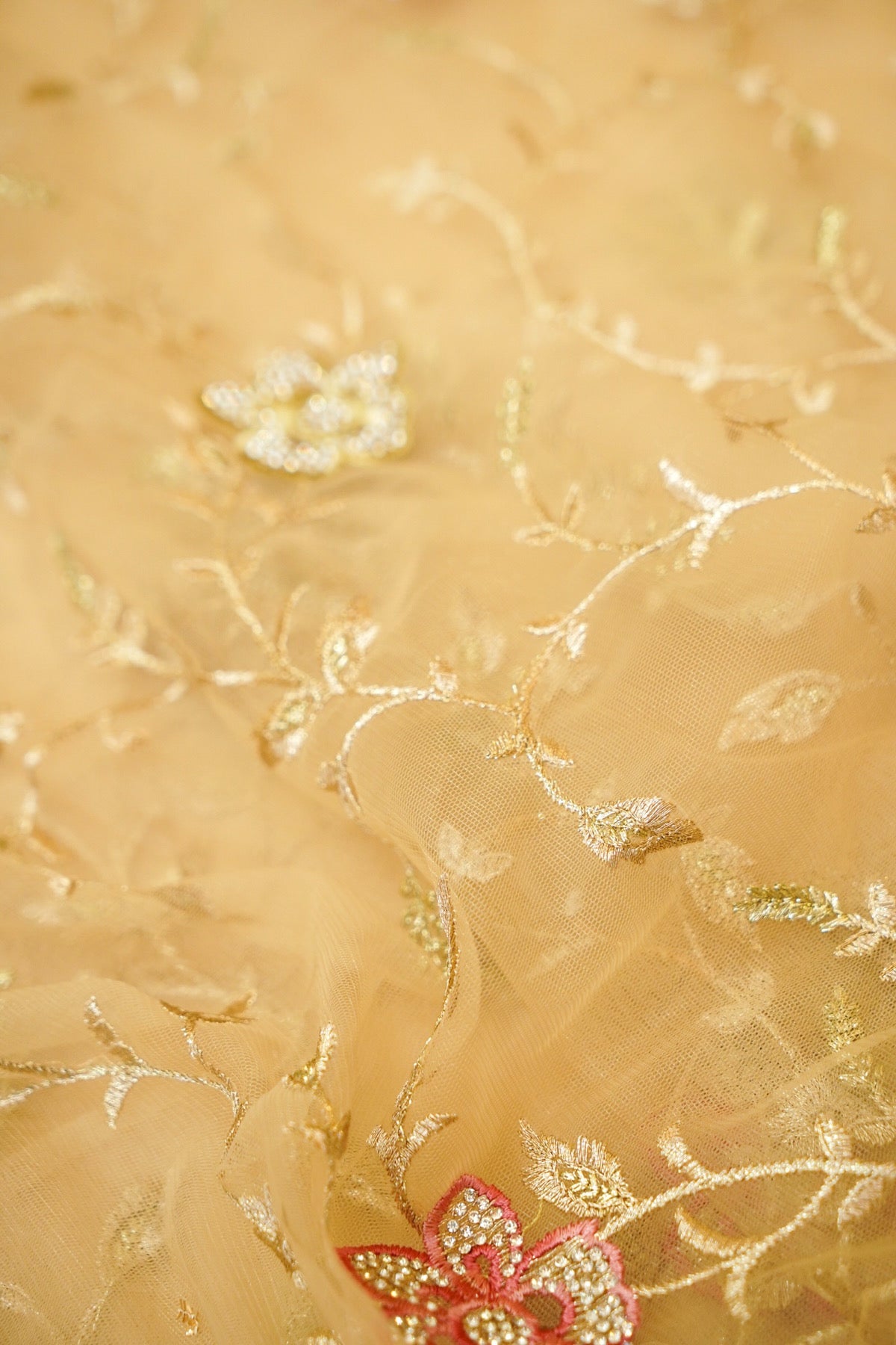 Light Champagne Gold Pearl Floral Embroidered Designer Net Saree