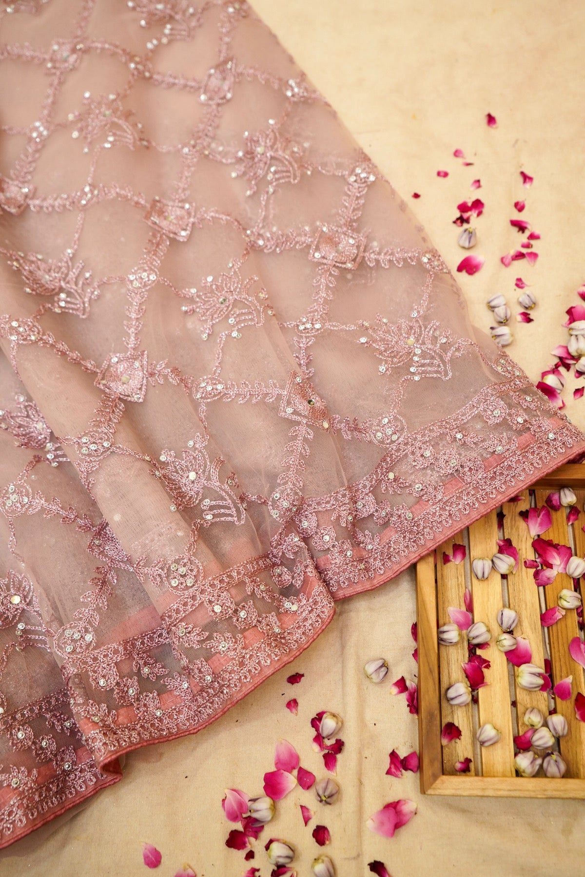 Dusty Blush Geometric Floral Embroidered Designer Net Saree with Readymade Blouse