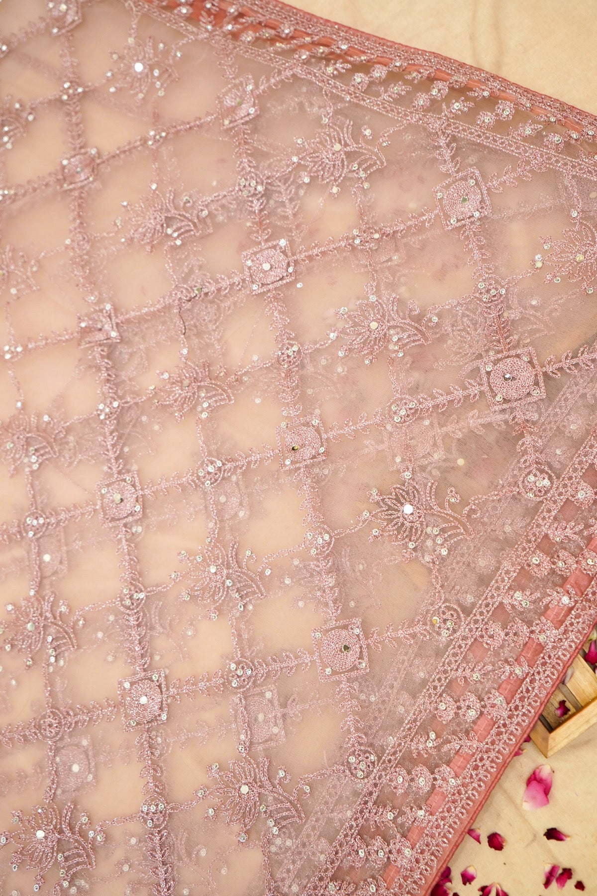 Dusty Blush Geometric Floral Embroidered Designer Net Saree with Readymade Blouse
