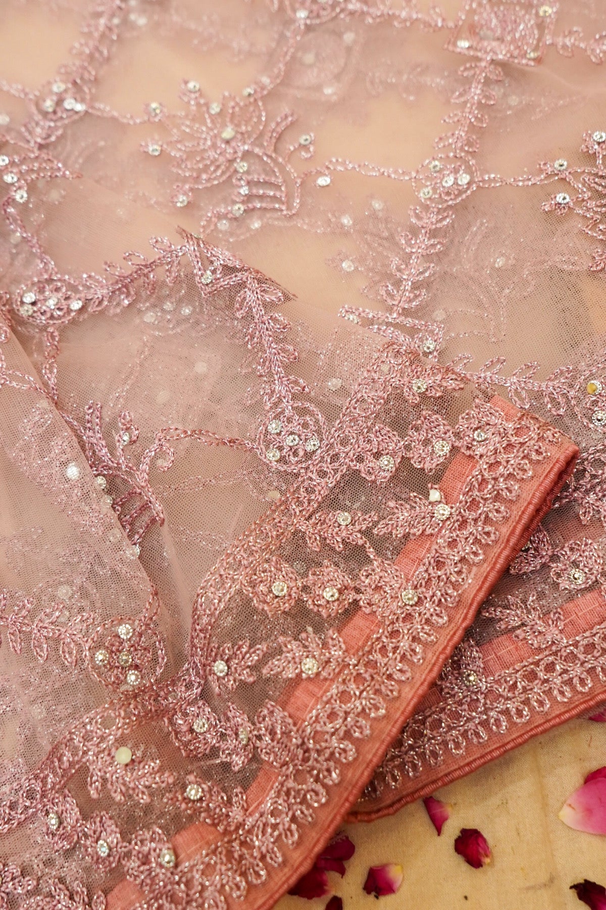 Dusty Blush Geometric Floral Embroidered Designer Net Saree with Readymade Blouse