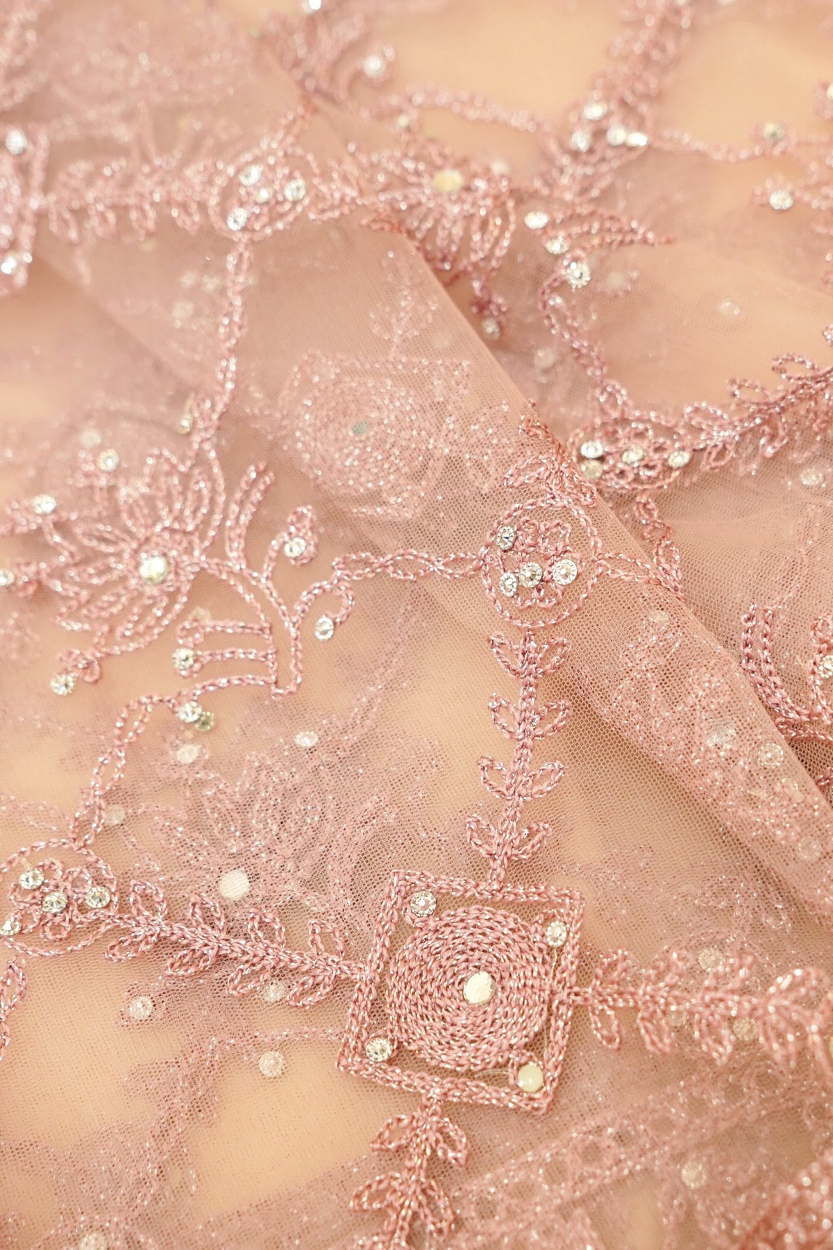 Dusty Blush Geometric Floral Embroidered Designer Net Saree with Readymade Blouse