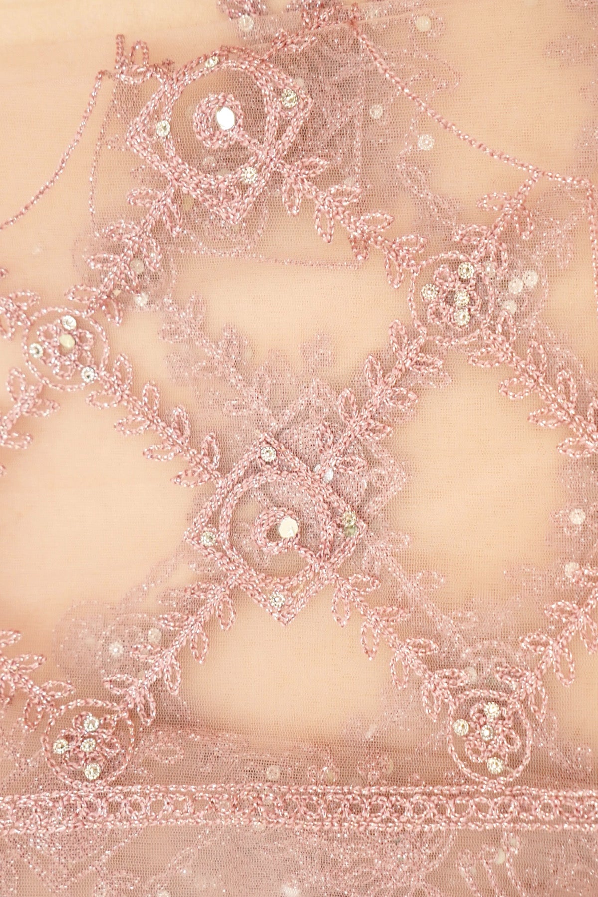 Dusty Blush Geometric Floral Embroidered Designer Net Saree with Readymade Blouse