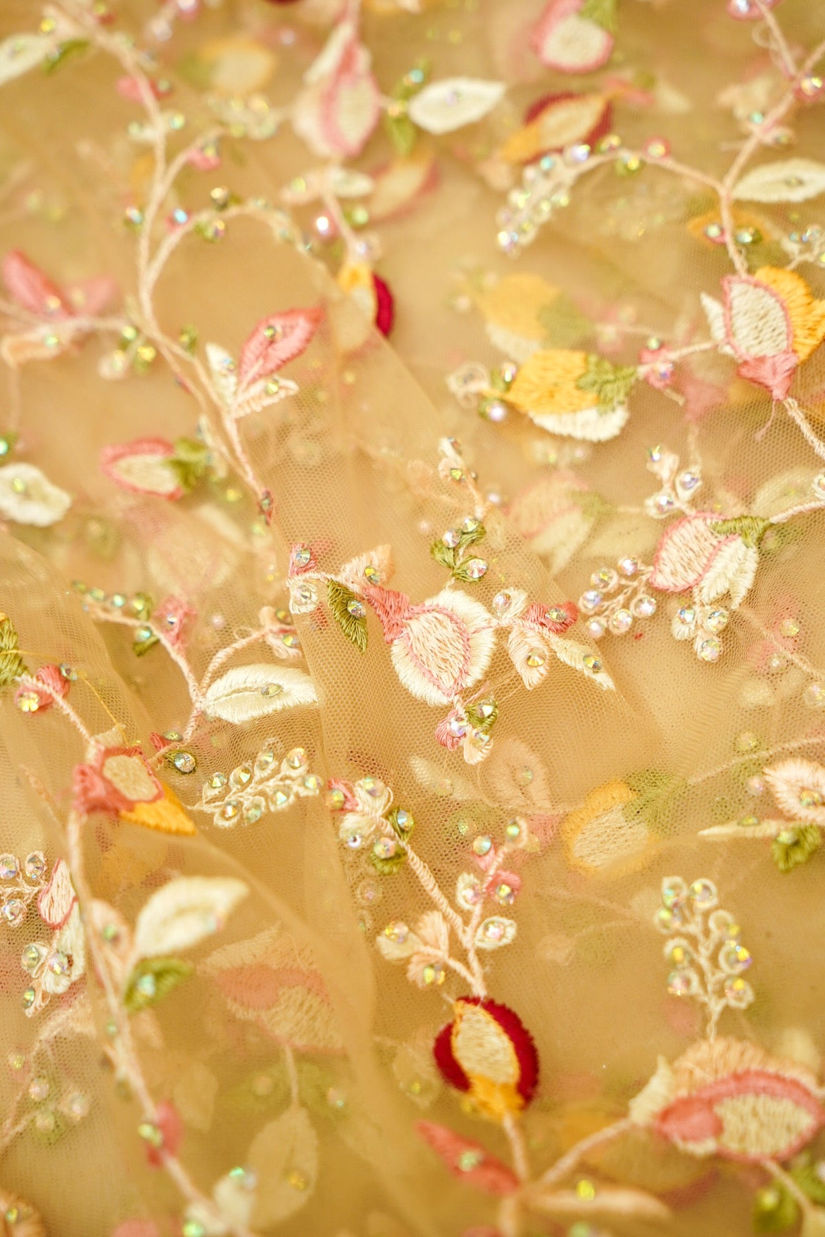Champagne Gold Floral Garden Embroidered Net Saree