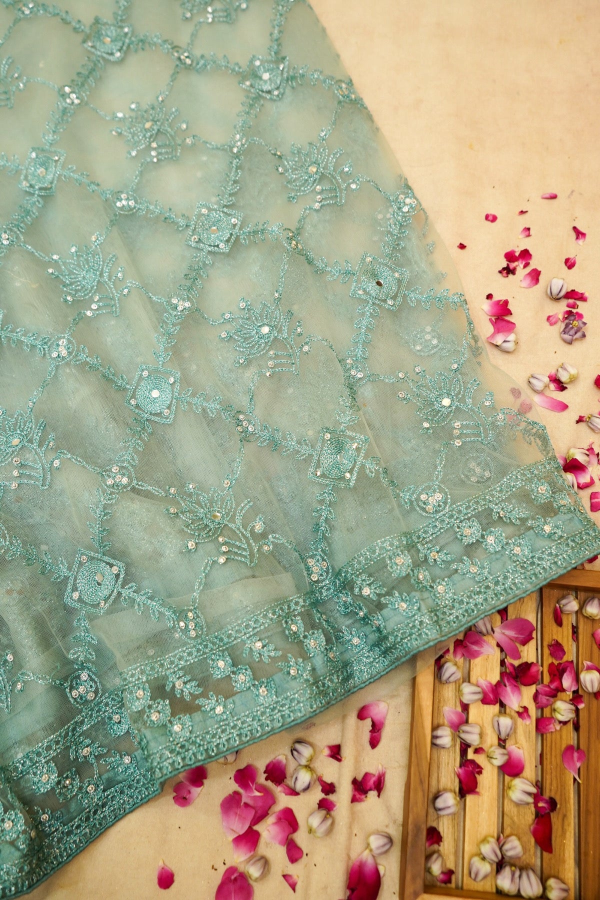 Aqua Mint Geometric Floral Embroidered Designer Net Saree with Readymade Blouse