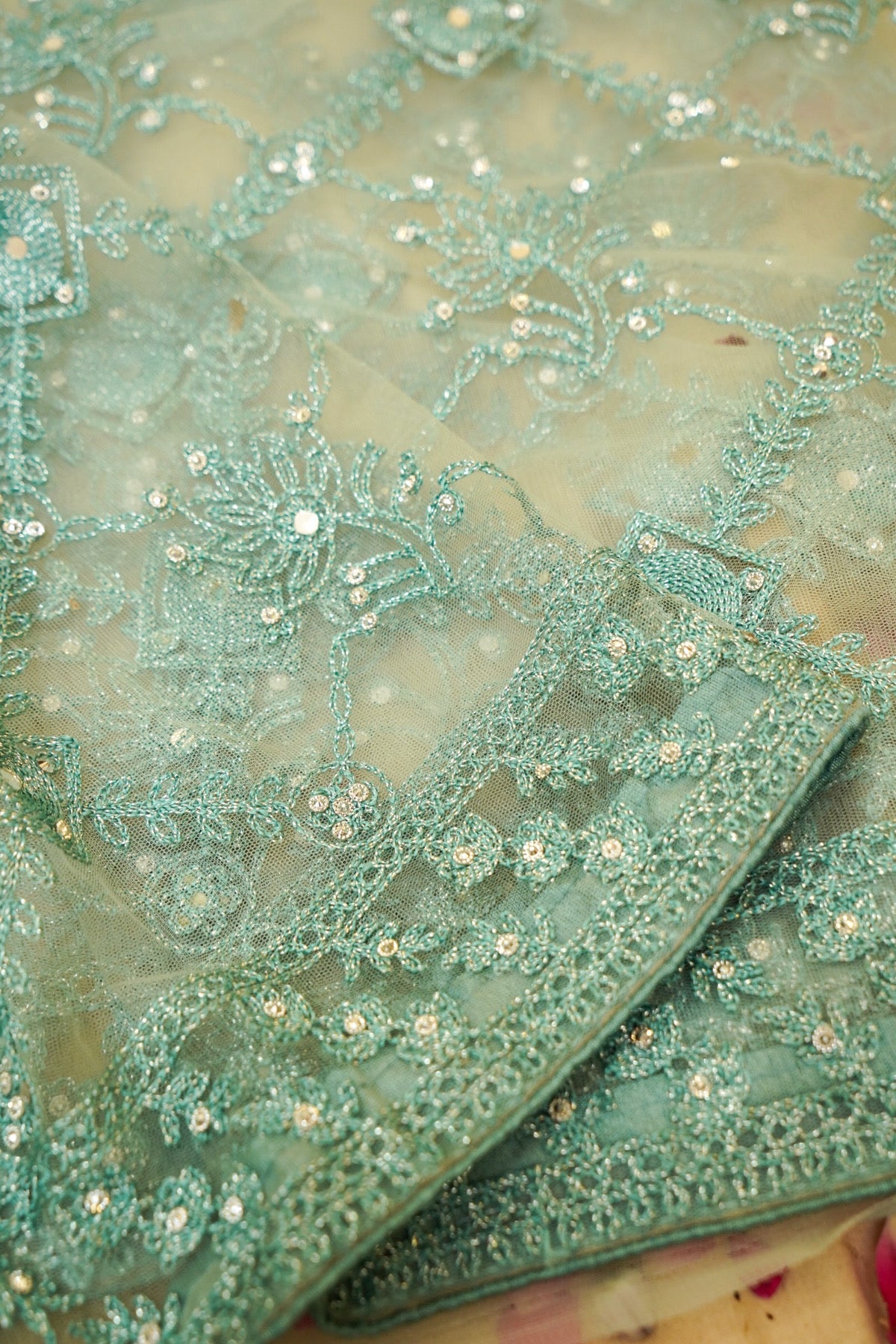 Aqua Mint Geometric Floral Embroidered Designer Net Saree with Readymade Blouse
