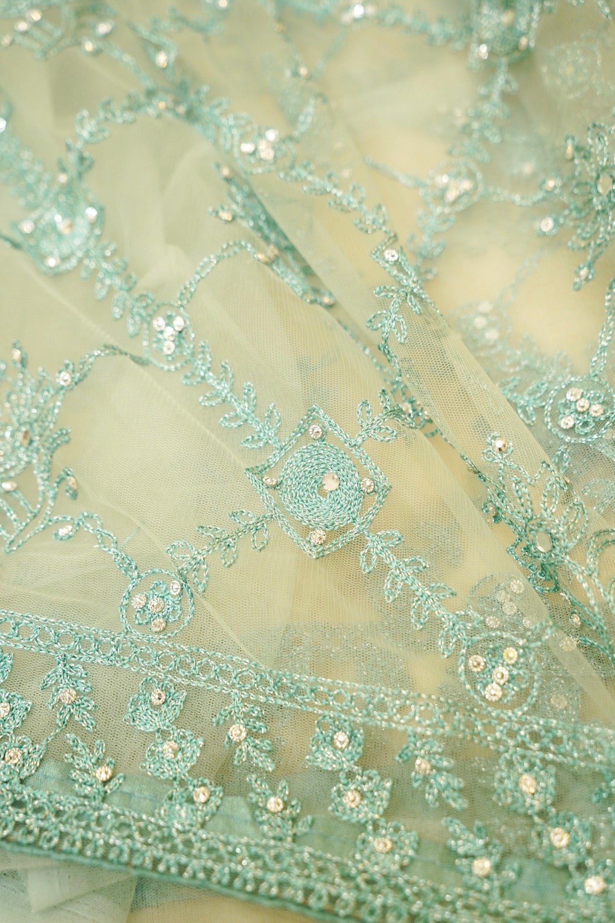Aqua Mint Geometric Floral Embroidered Designer Net Saree with Readymade Blouse