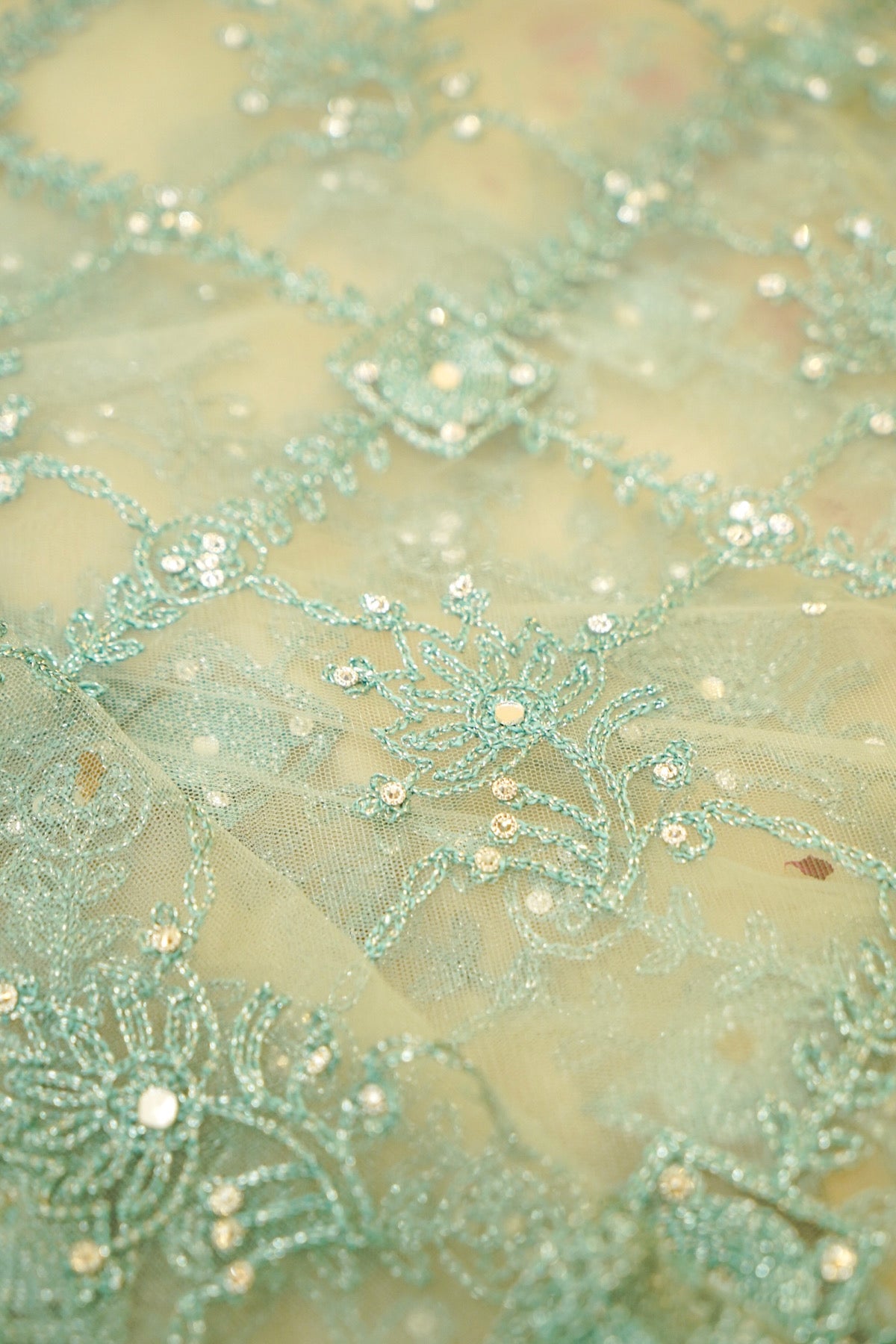 Aqua Mint Geometric Floral Embroidered Designer Net Saree with Readymade Blouse