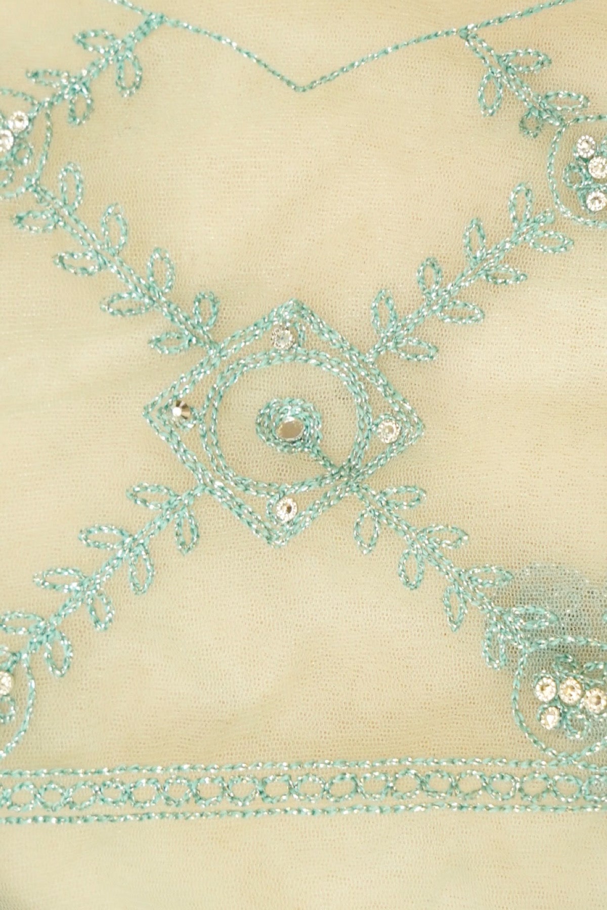 Aqua Mint Geometric Floral Embroidered Designer Net Saree with Readymade Blouse