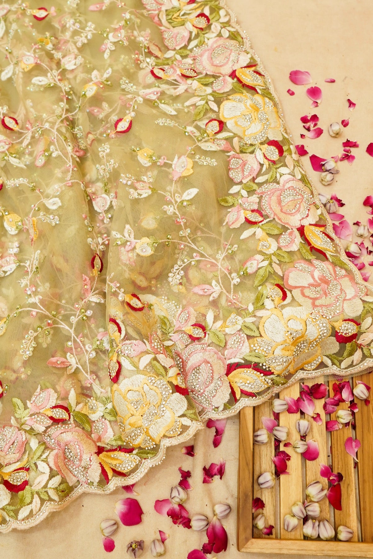 Pistachio Green Floral Garden Embroidered Net Saree