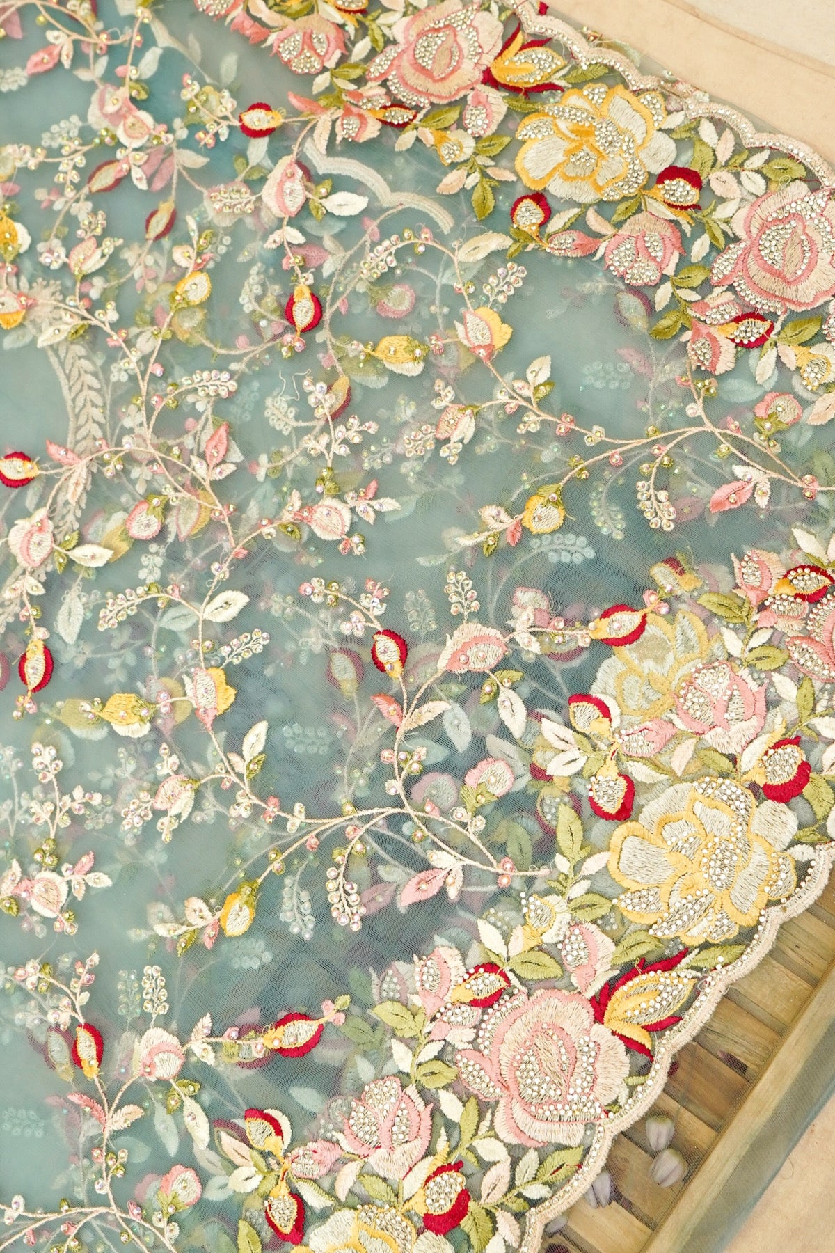 Dusty Aqua Blue Floral Garden Embroidered Net Saree