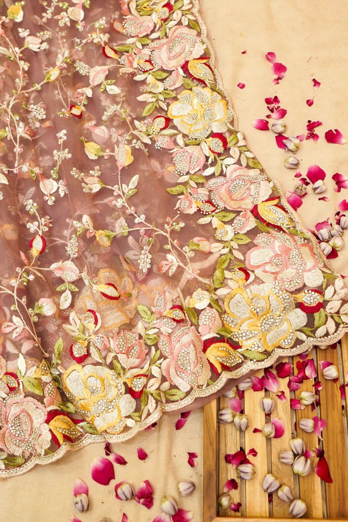 Rose Taupe Floral Garden Embroidered Net Saree