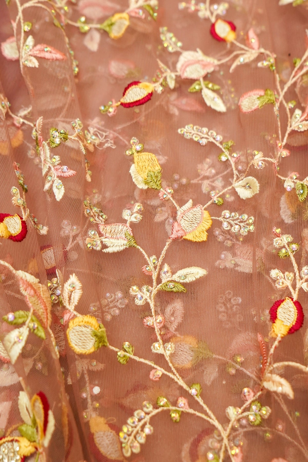 Rose Taupe Floral Garden Embroidered Net Saree