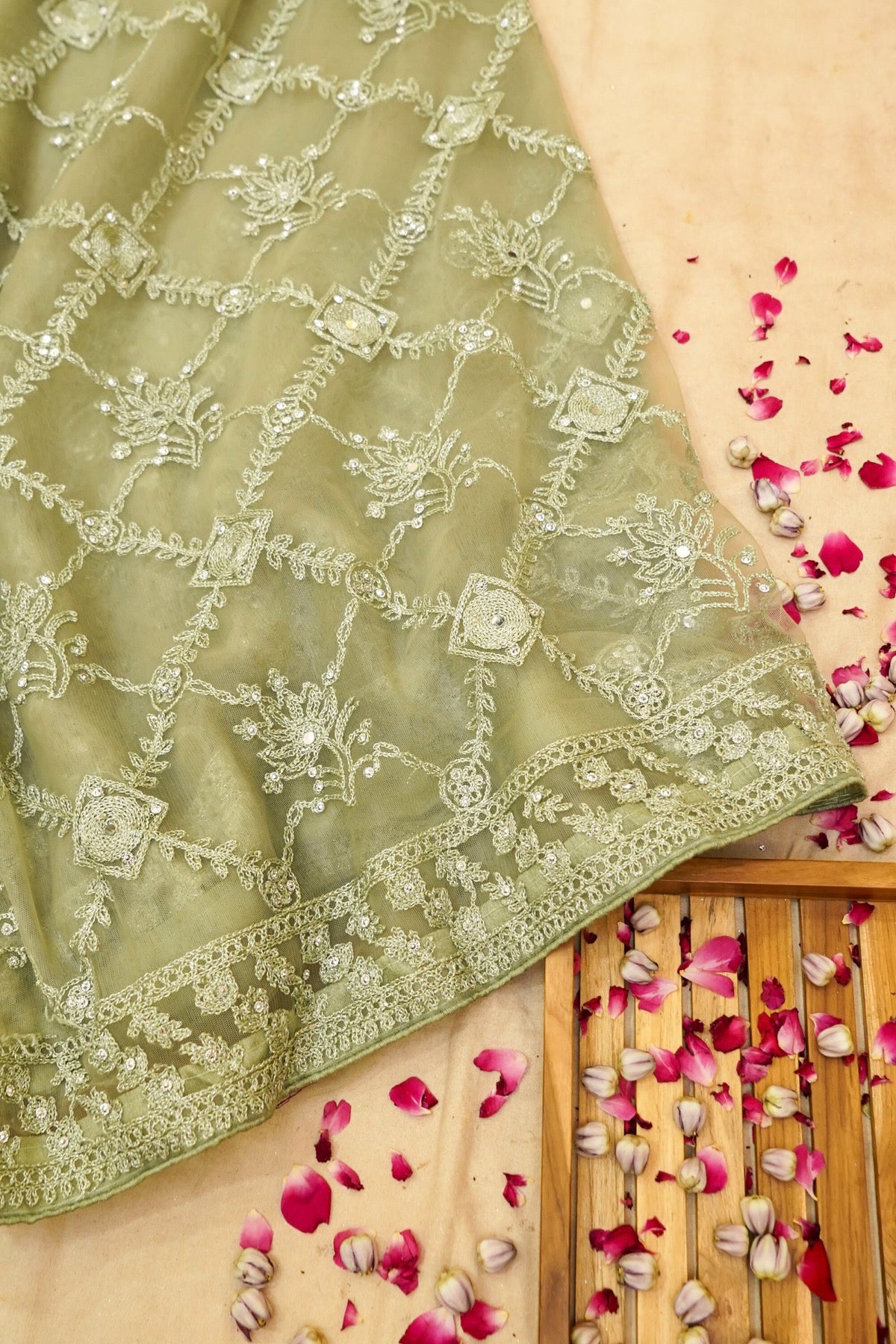 Sage Green Geometric Floral Embroidered Designer Net Saree with Readymade Blouse