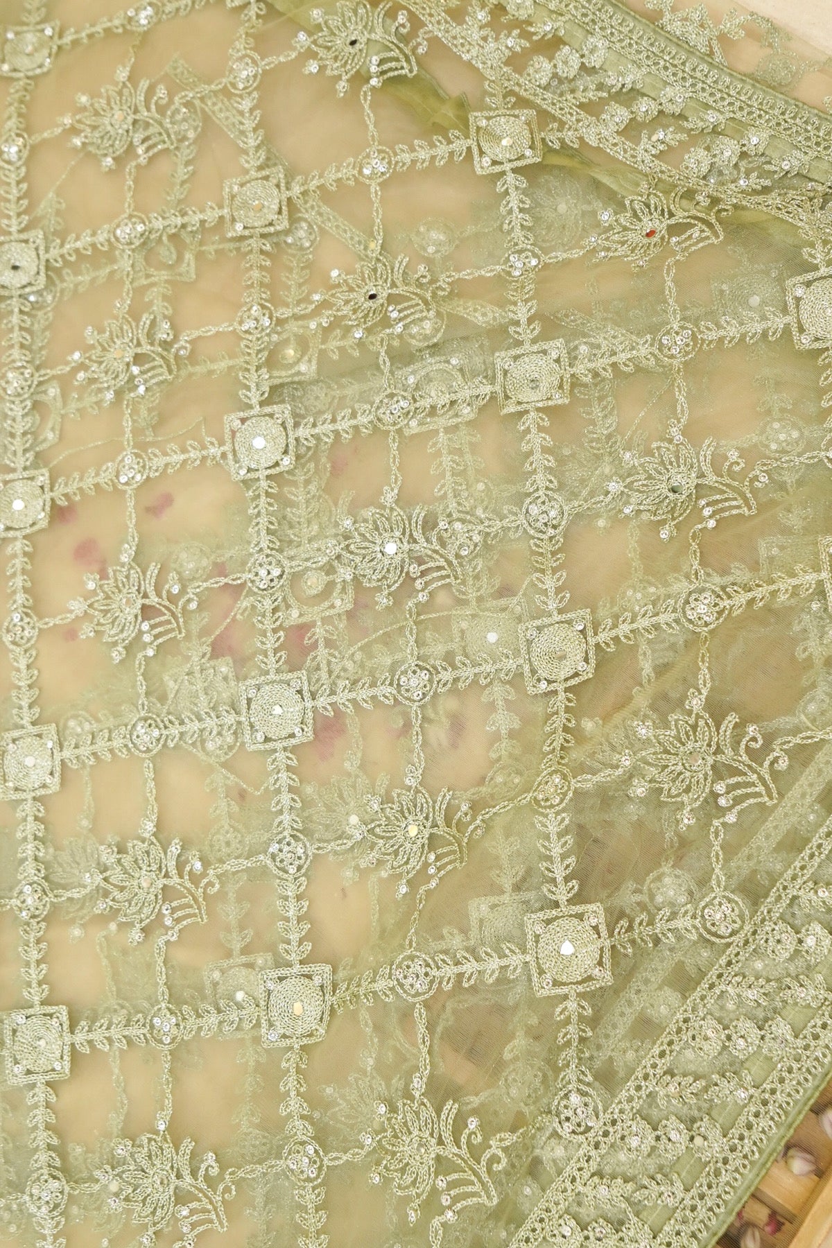 Sage Green Geometric Floral Embroidered Designer Net Saree with Readymade Blouse
