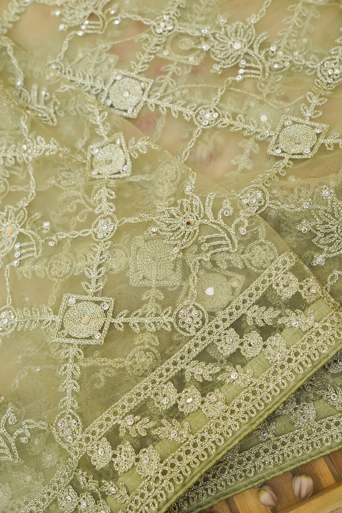 Sage Green Geometric Floral Embroidered Designer Net Saree with Readymade Blouse