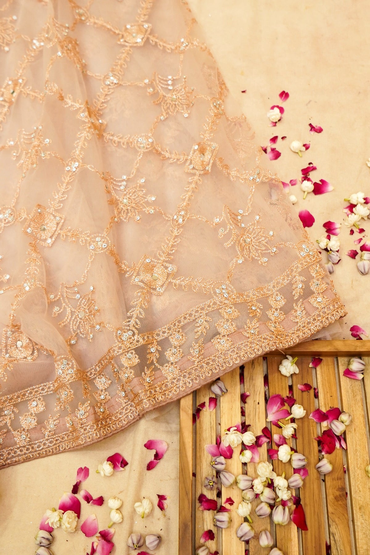 Champagne Peach Geometric Floral Embroidered Designer Net Saree with Readymade Blouse