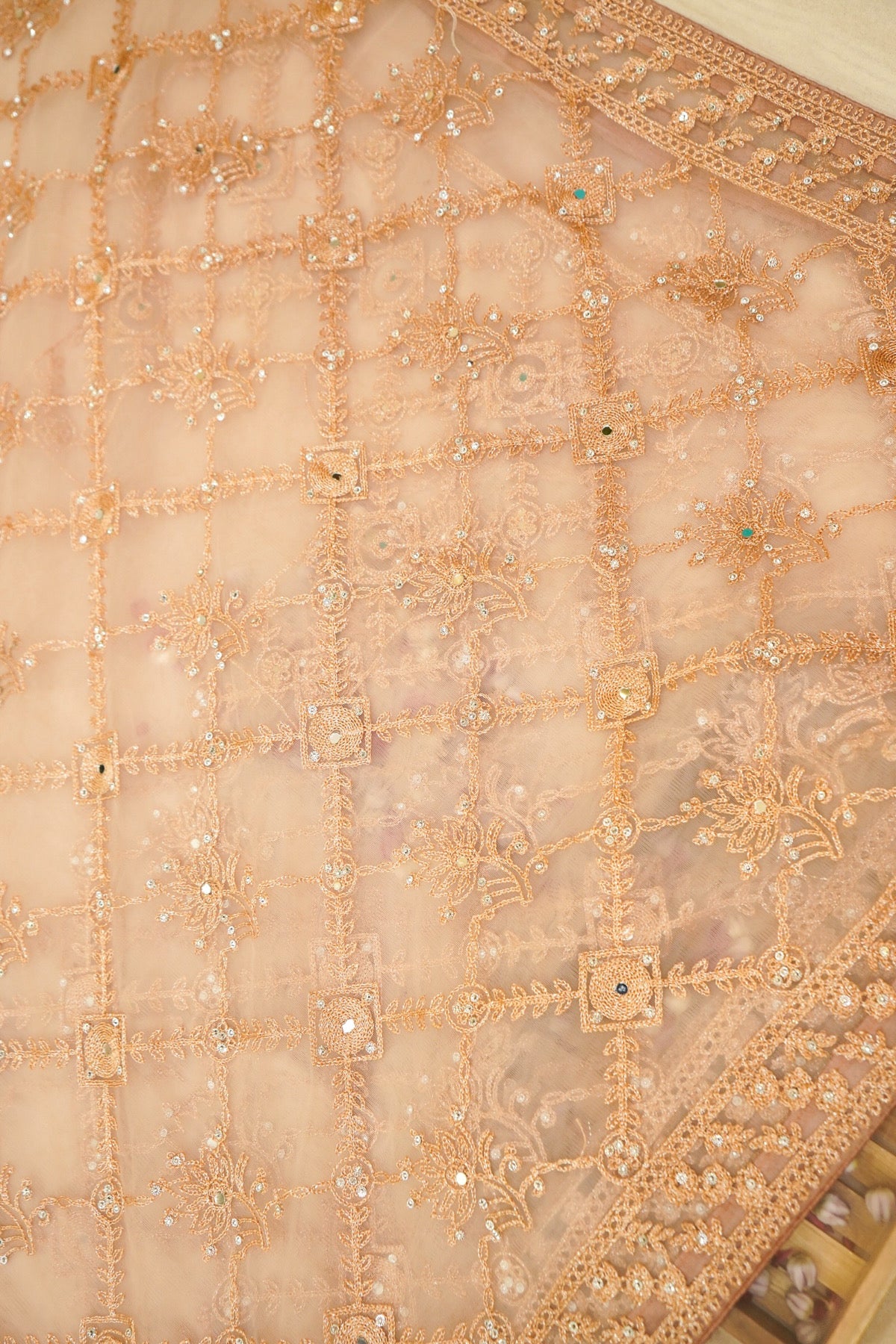 Champagne Peach Geometric Floral Embroidered Designer Net Saree with Readymade Blouse