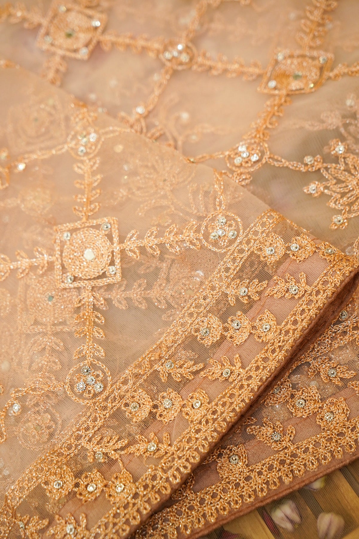 Champagne Peach Geometric Floral Embroidered Designer Net Saree with Readymade Blouse